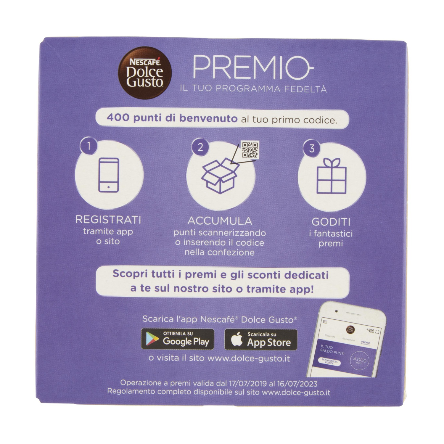 Confezione viola con logo Nescafé Dolce Gusto, programma fedeltà, 3 passi: Registrati, accumula punti, goditi premi.