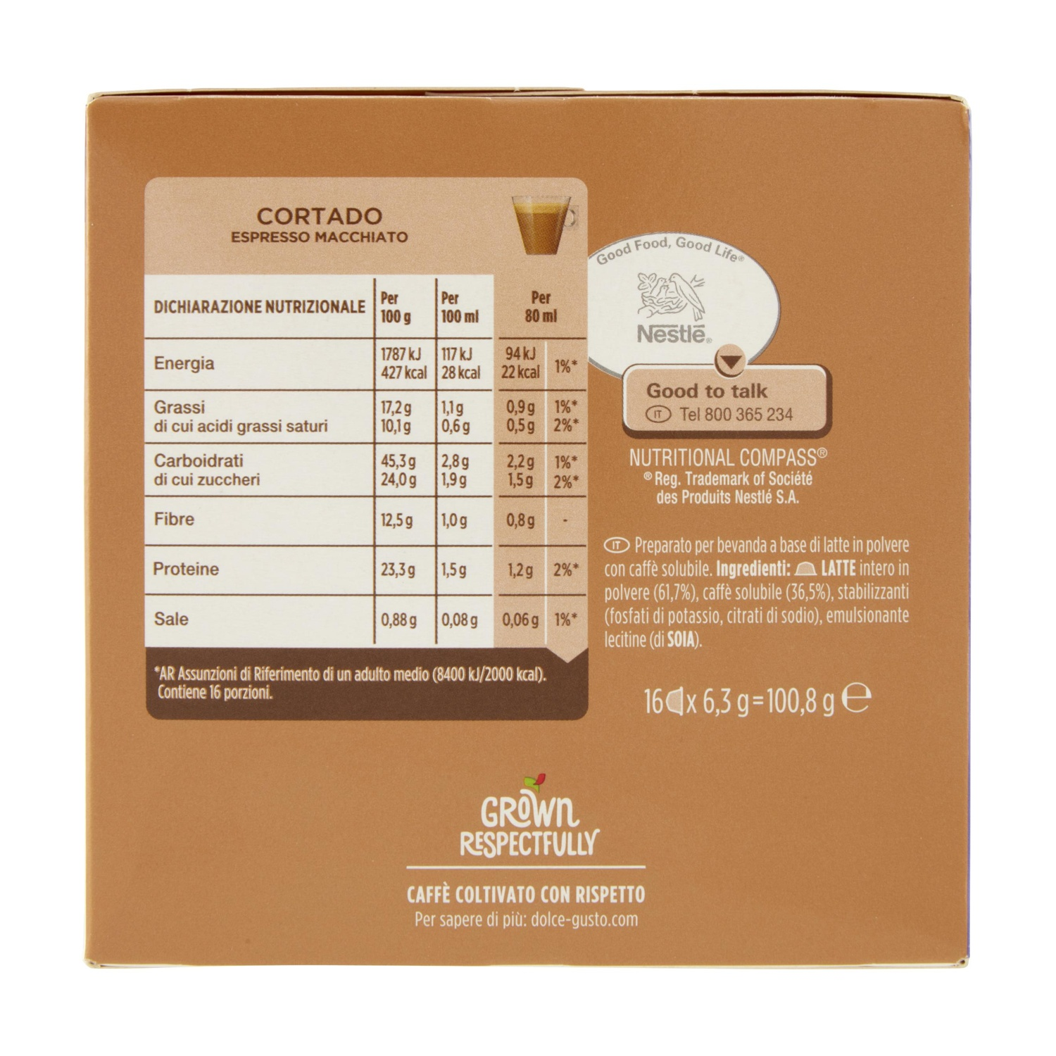 Scatola di cartone con informazioni nutrizionali per Cortado Espresso Macchiato.