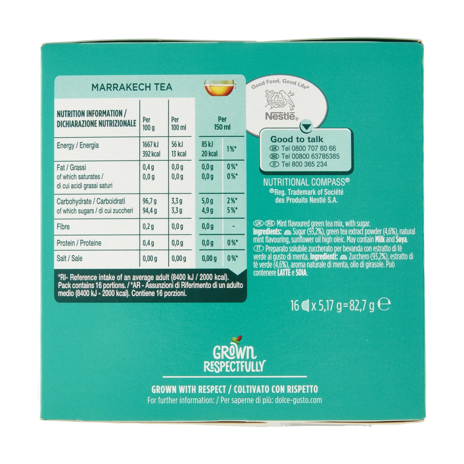 Confezione per tè Marrakech con informazioni nutrizionali e ingredienti.