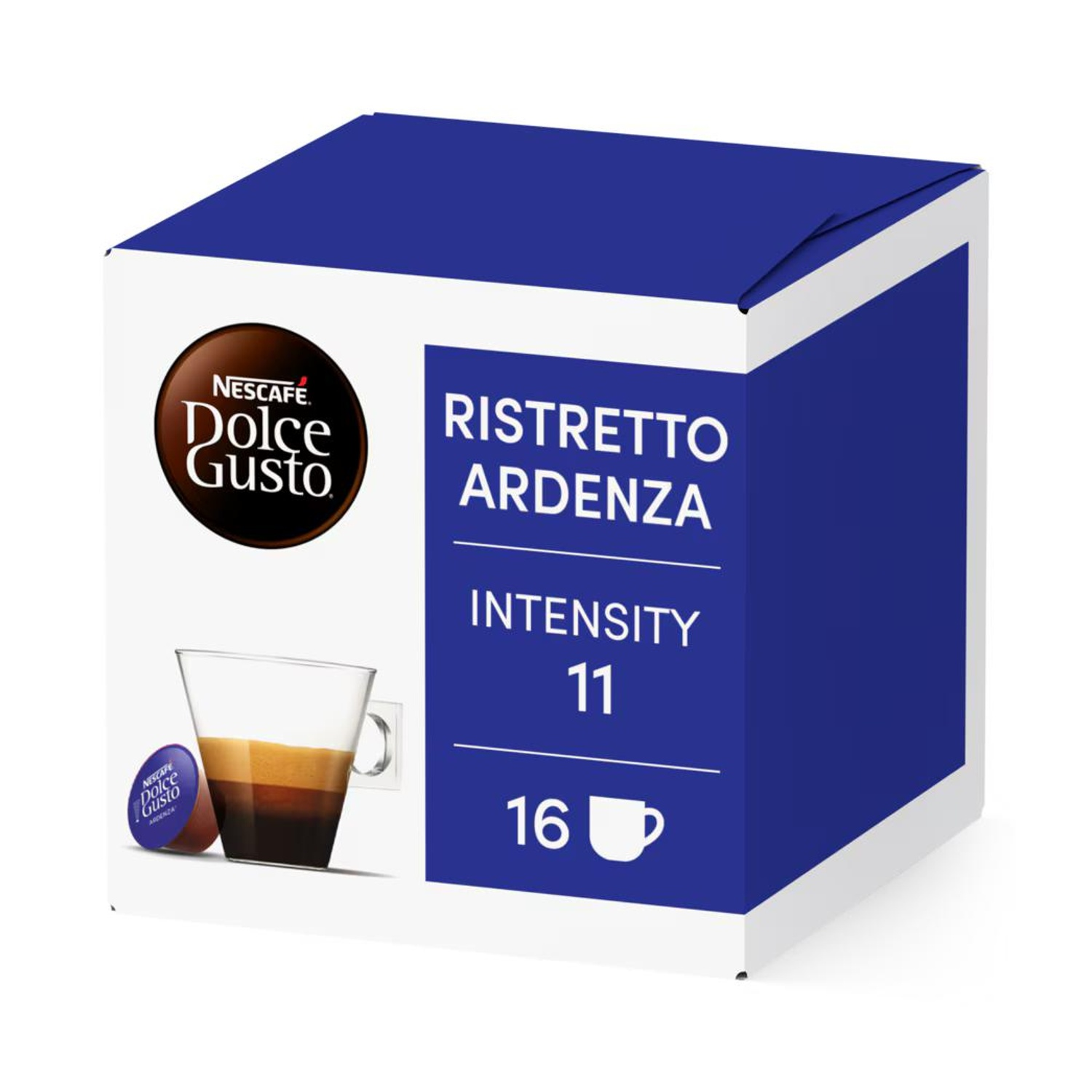 Una scatola di capsule caffè Nescafé Dolce Gusto Ristretto Ardanza con tazza.