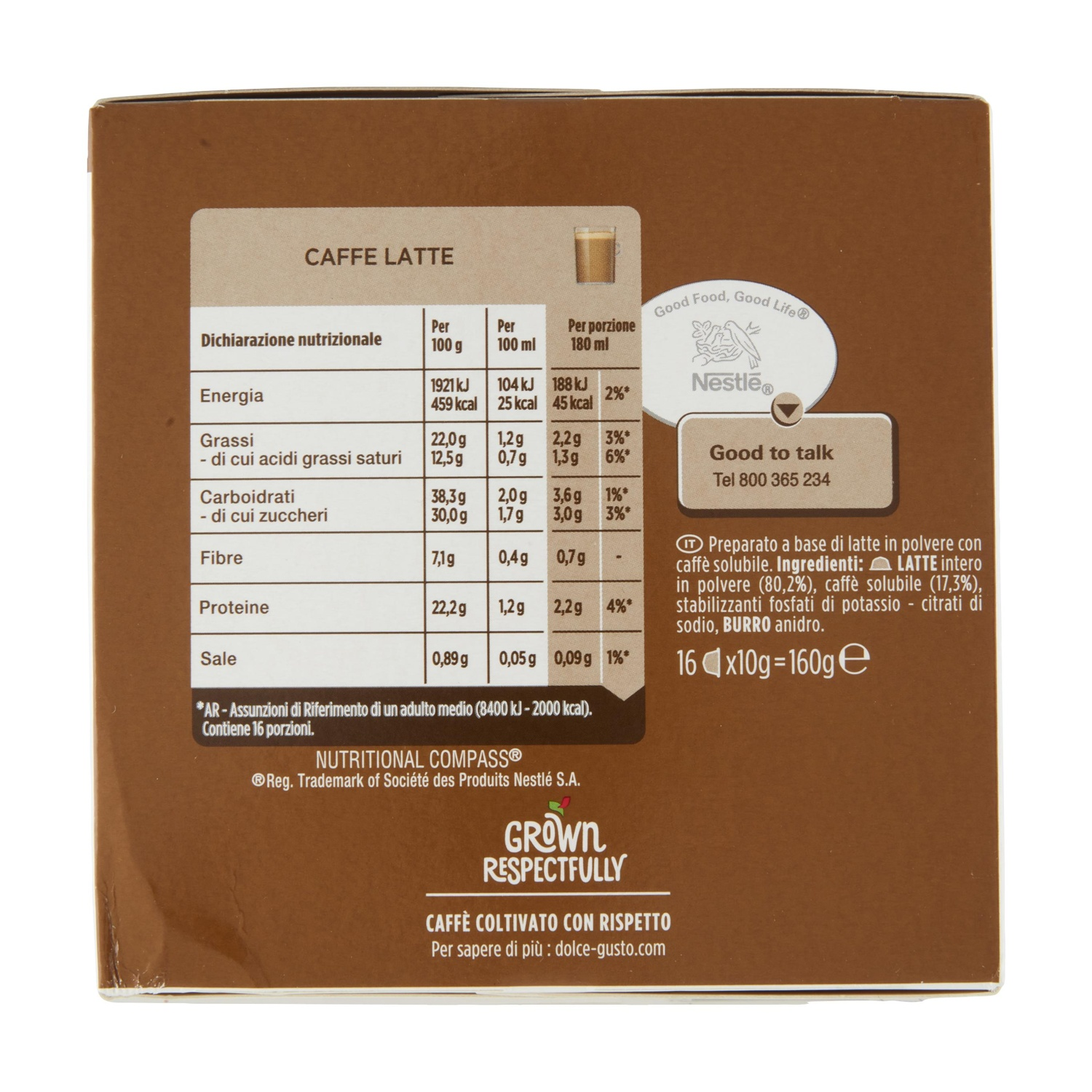Confezione di caffè latte solubile con informazioni nutrizionali e logo.