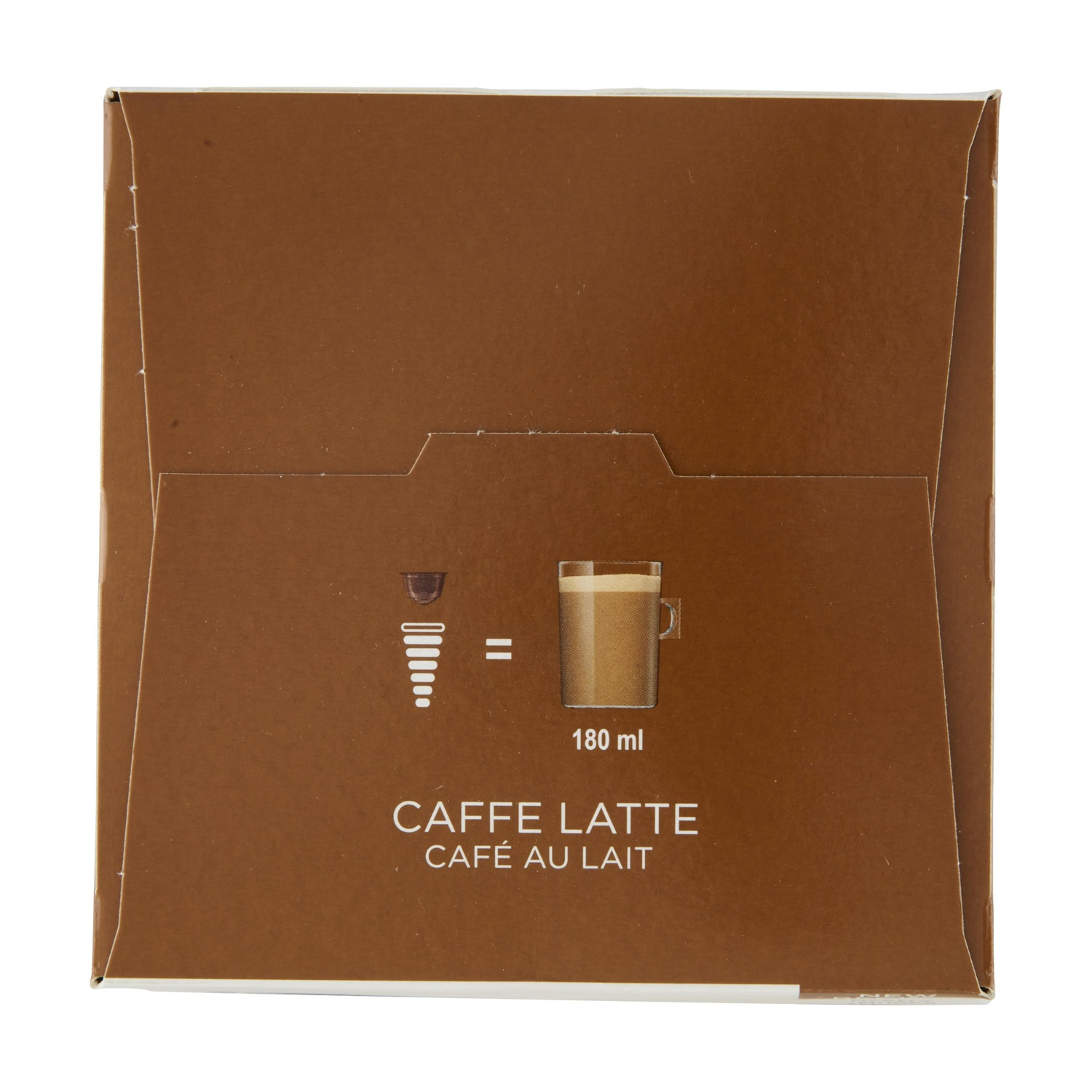 Scatola marrone con icone e testo caffè latte.