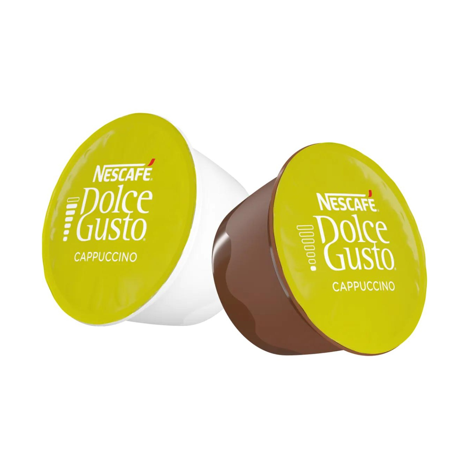 Due capsule di caffè Nescafé Dolce Gusto Cappuccino su sfondo bianco.