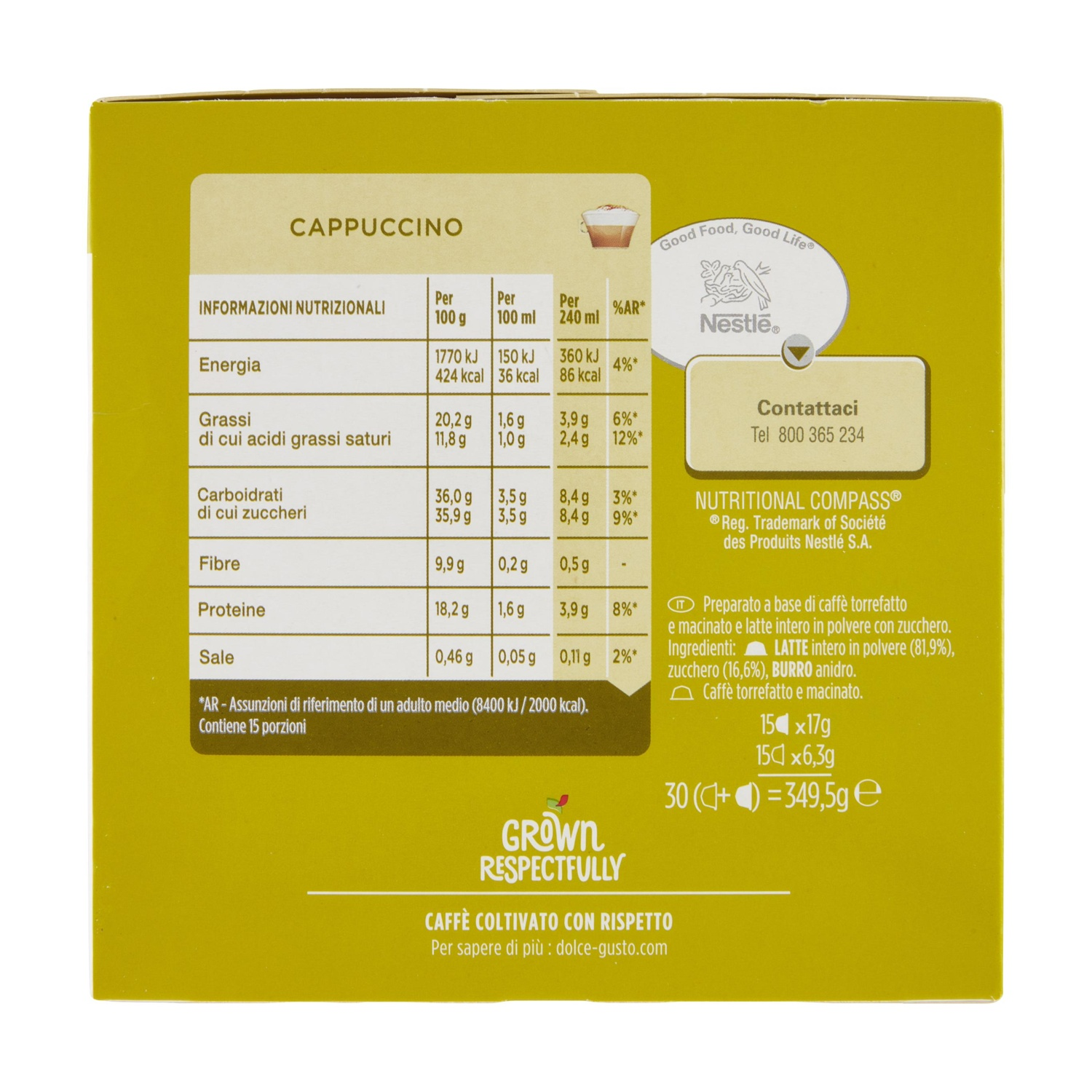 Confezione con informazioni nutrizionali per Cappuccino, marca Nestle.