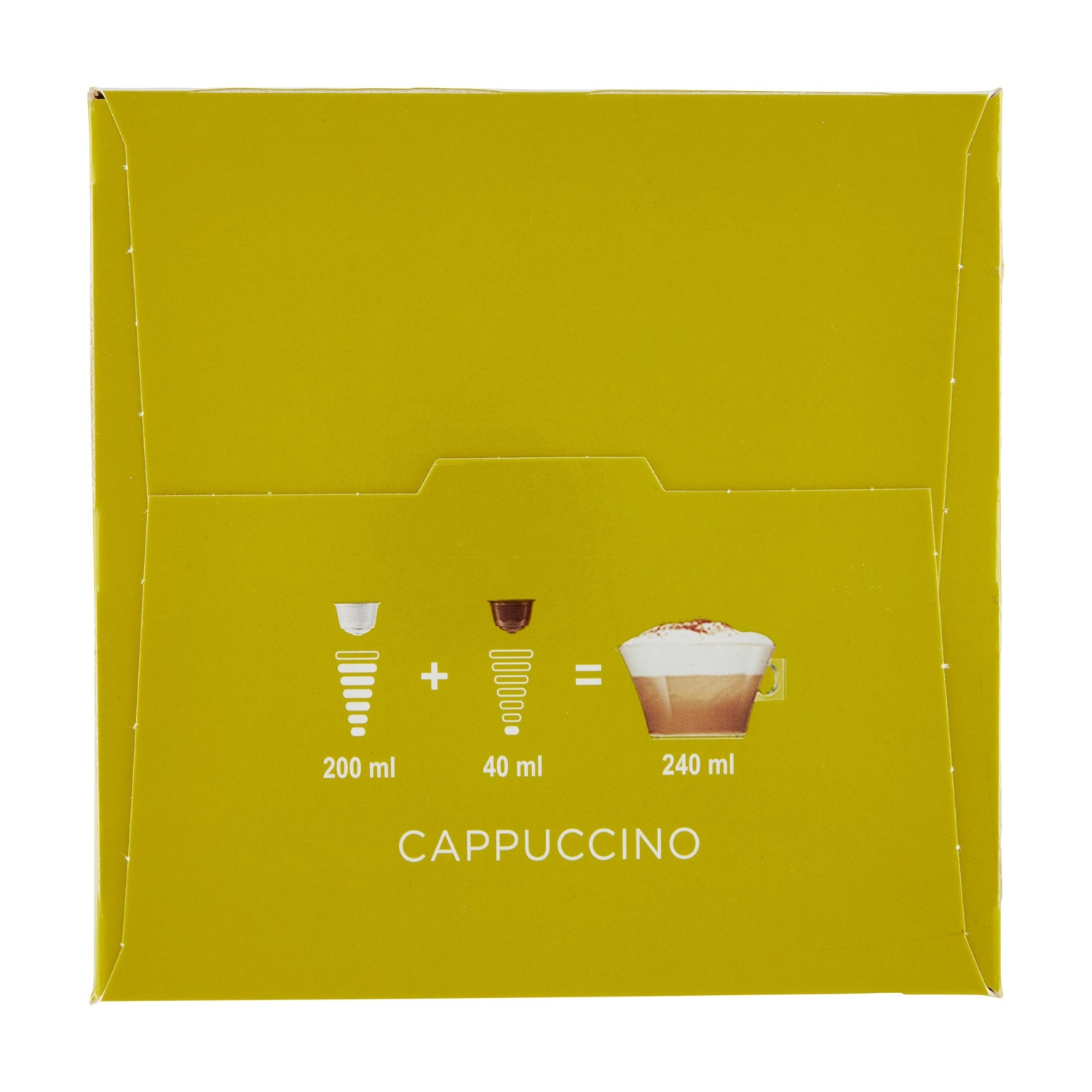 La confezione mostra la preparazione del cappuccino: 200 ml + 40 ml = 240 ml di cappuccino.
