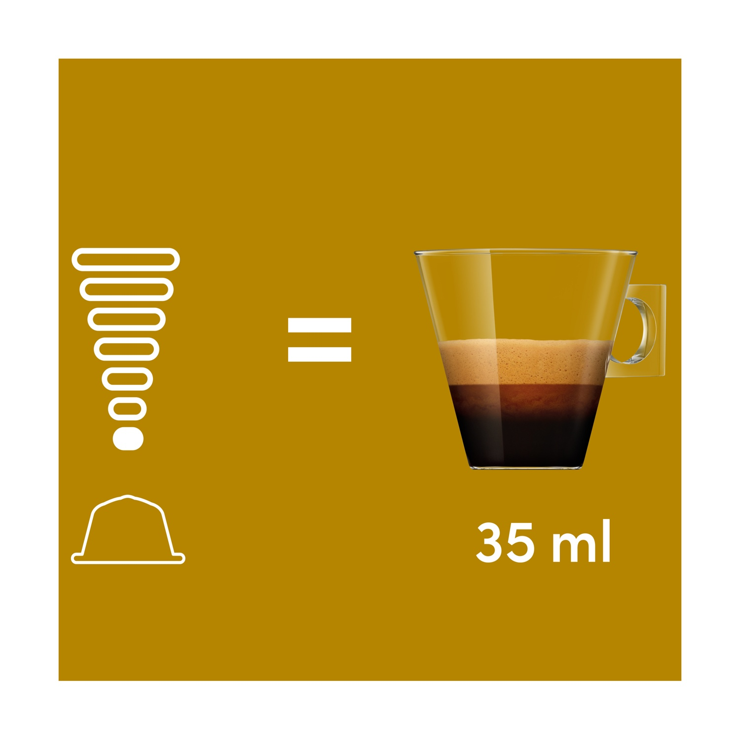 Una capsula di caffè produce 35 ml di espresso in una tazza di vetro.
