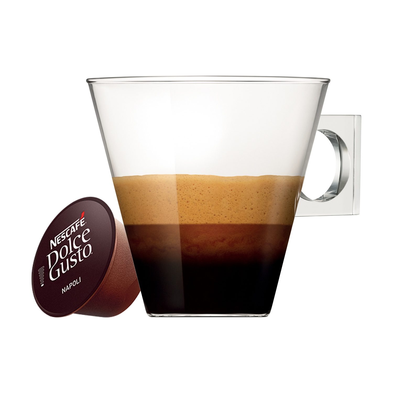 Una capsula di caffè marrone e un bicchiere di caffè con schiuma su sfondo bianco.