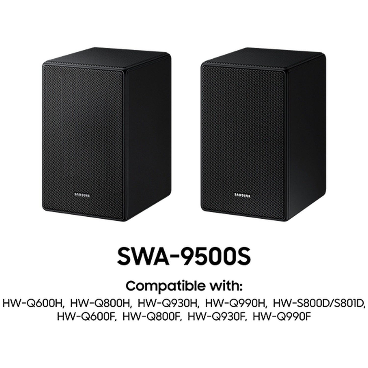 Deux haut-parleurs Samsung noirs, modèle SWA-9500S.