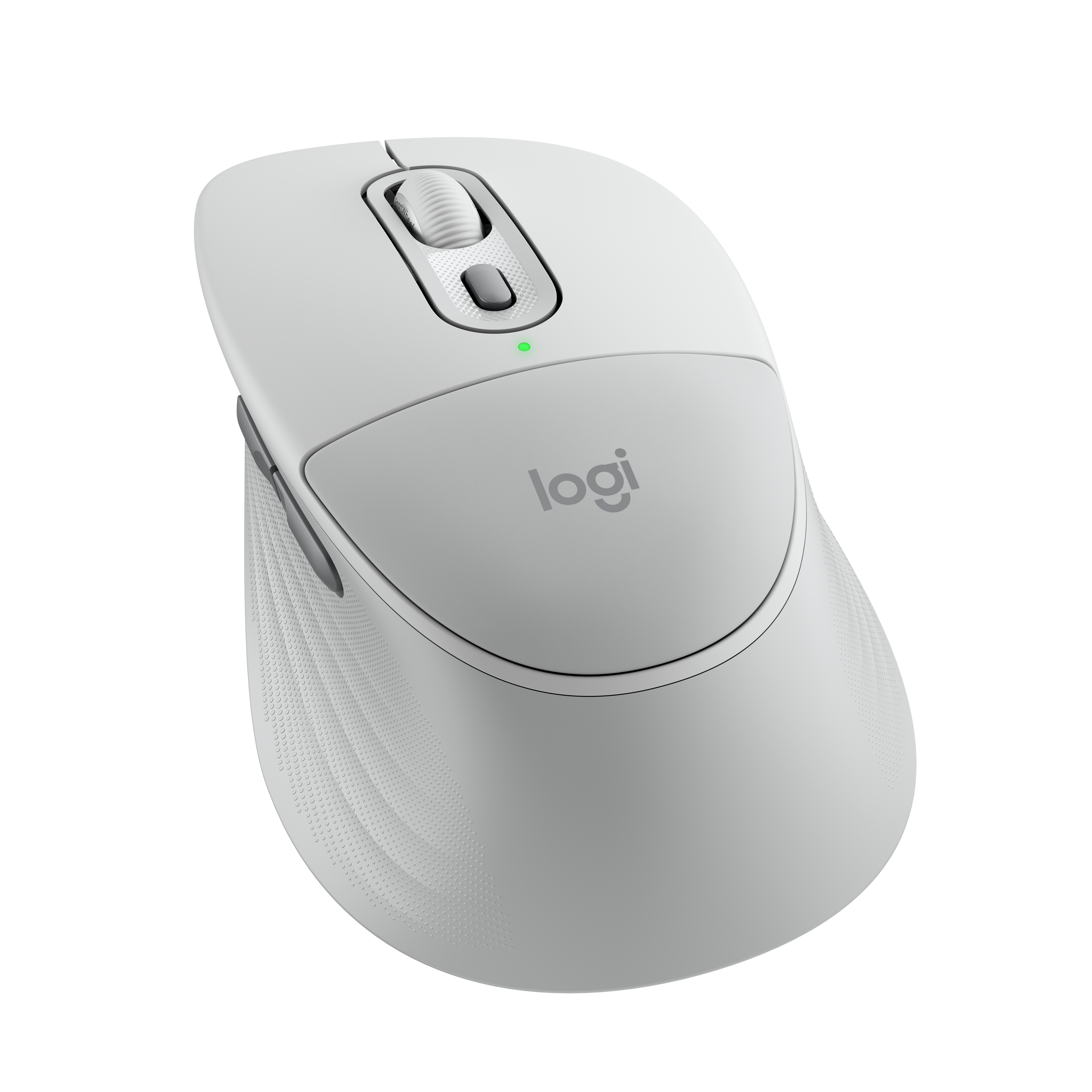 Un ratón Logitech blanco con rueda de desplazamiento y LED verde.