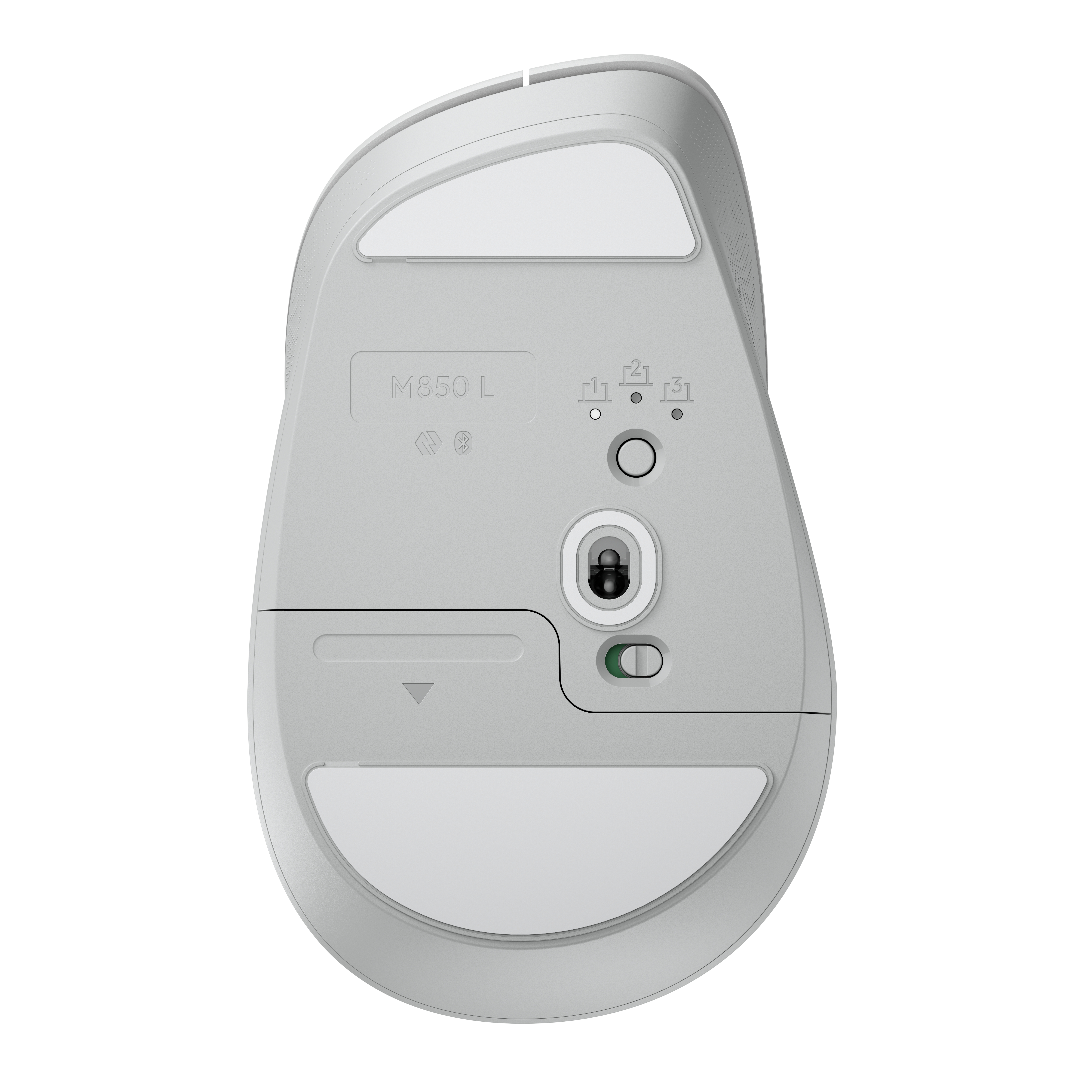 Parte inferior de un ratón gris claro con número de modelo M850 L y un interruptor.