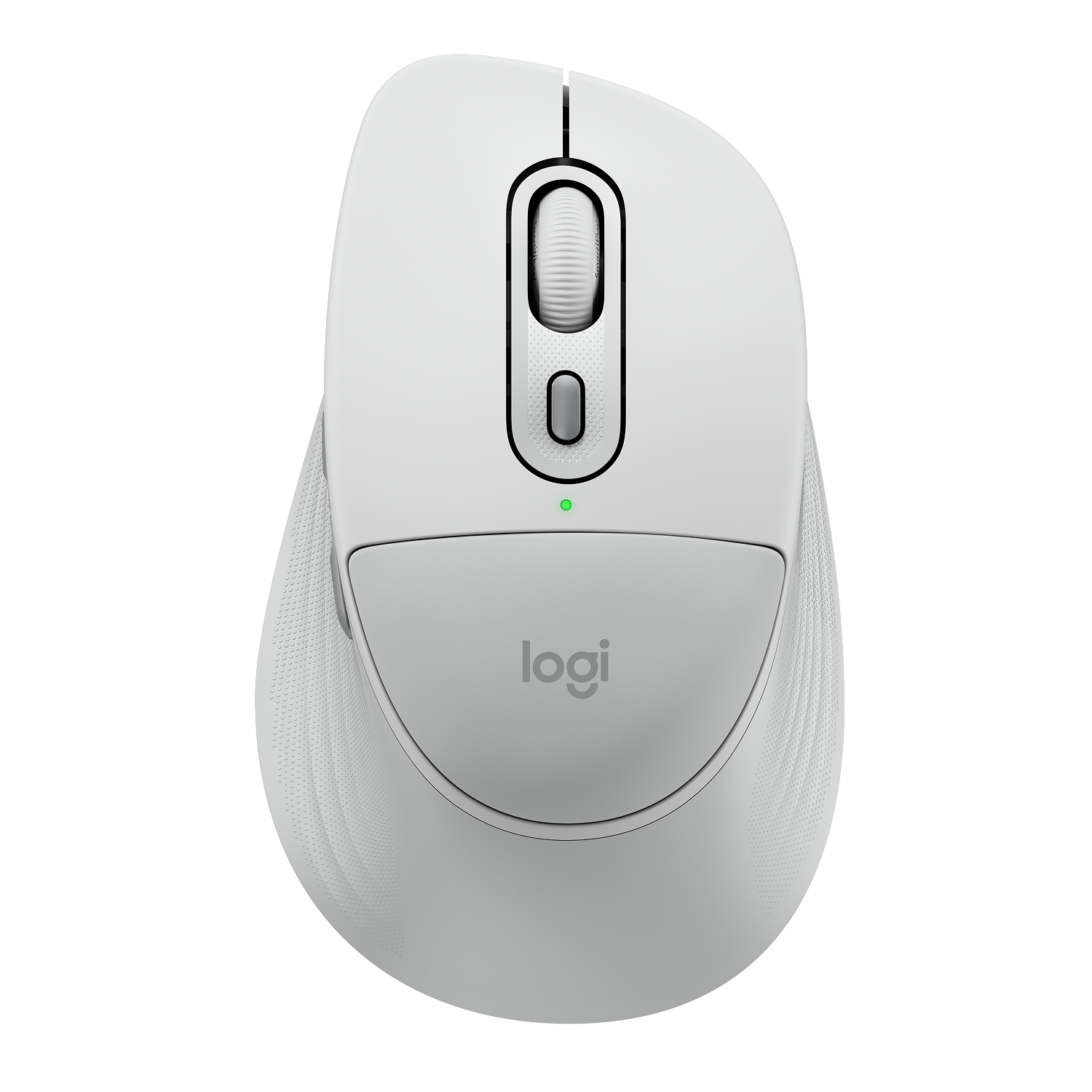 Un ratón blanco Logitech con rueda gris y luz verde.