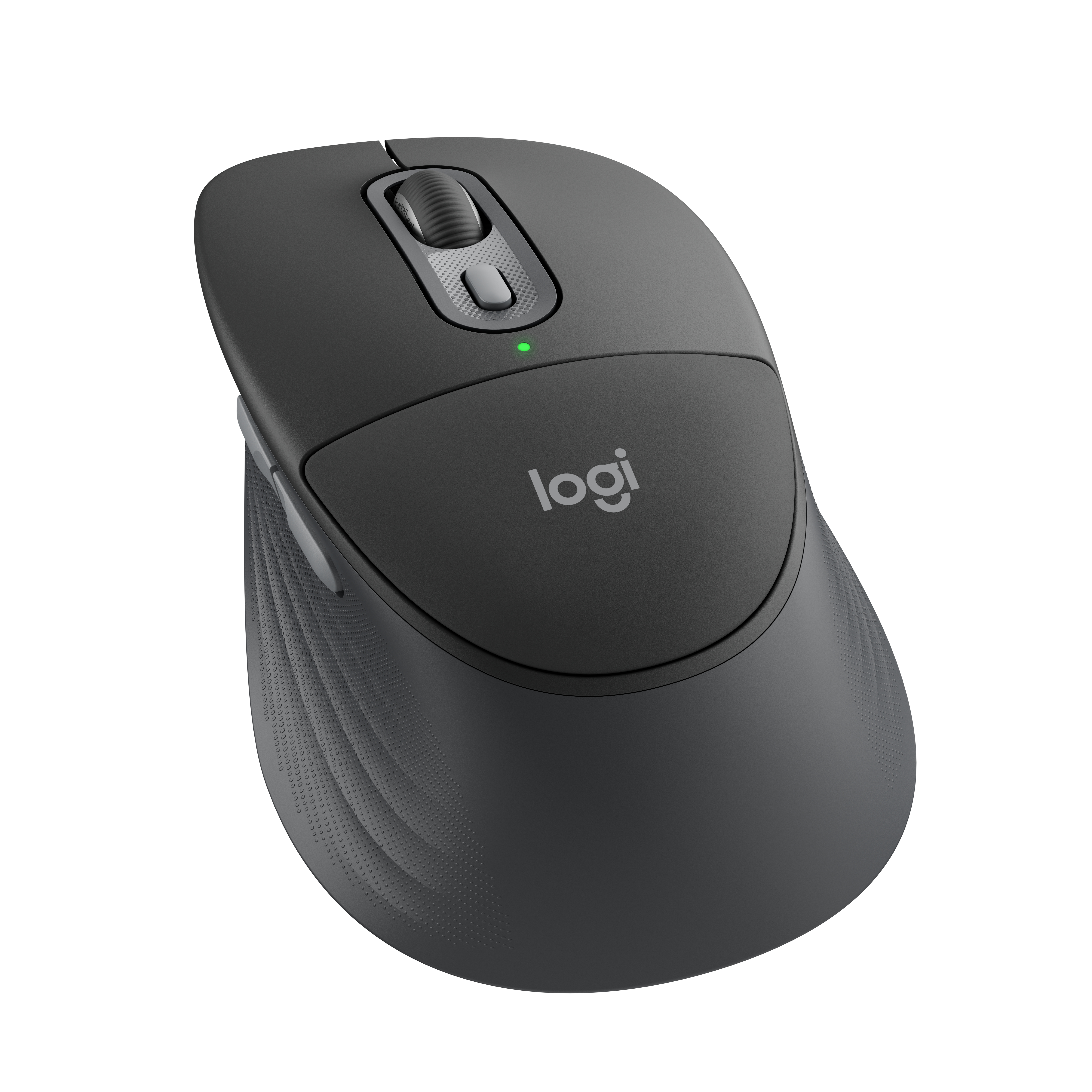 Un ratón Logitech gris con rueda de desplazamiento y luz verde.