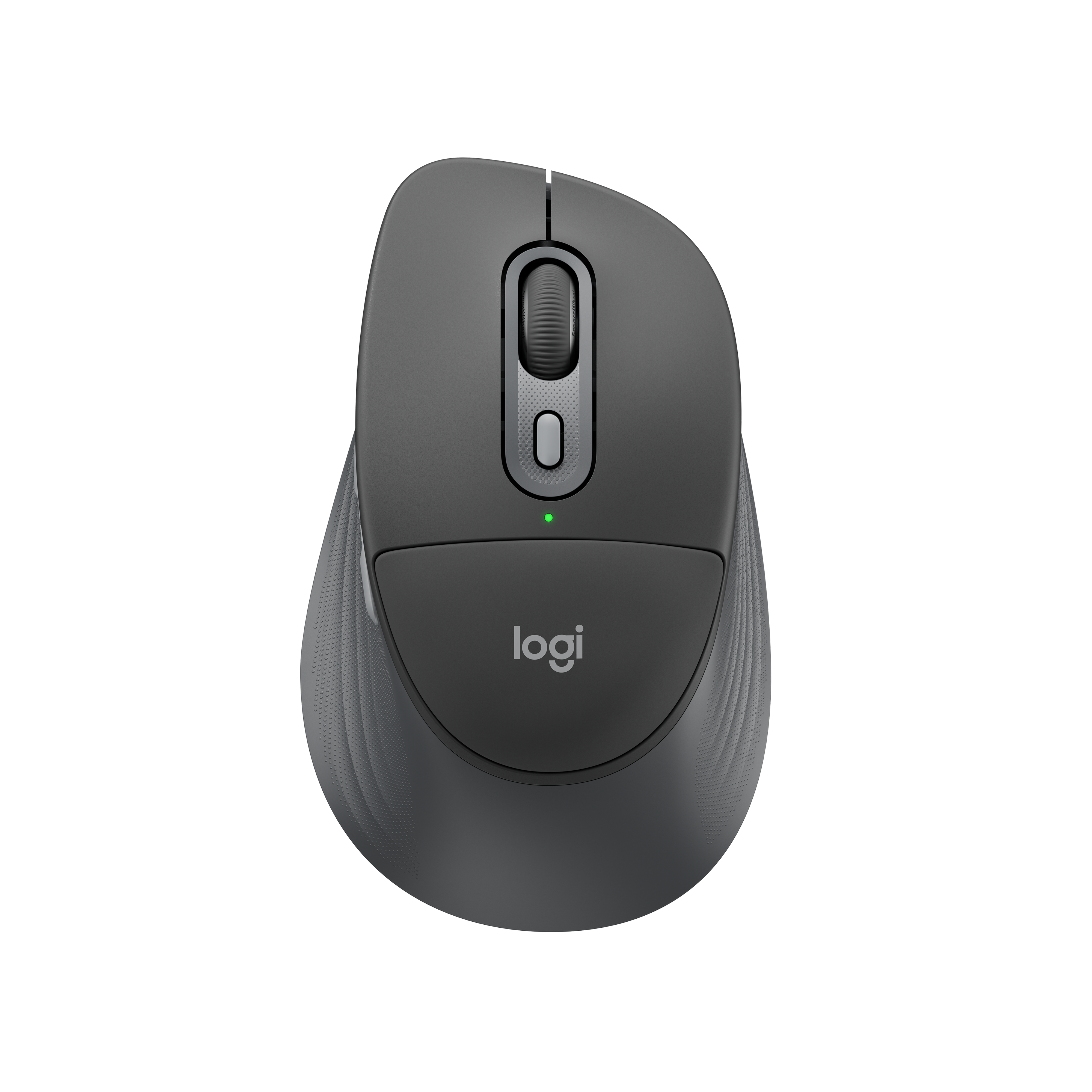 Ratón inalámbrico Logitech gris con rueda de desplazamiento y LED verde.