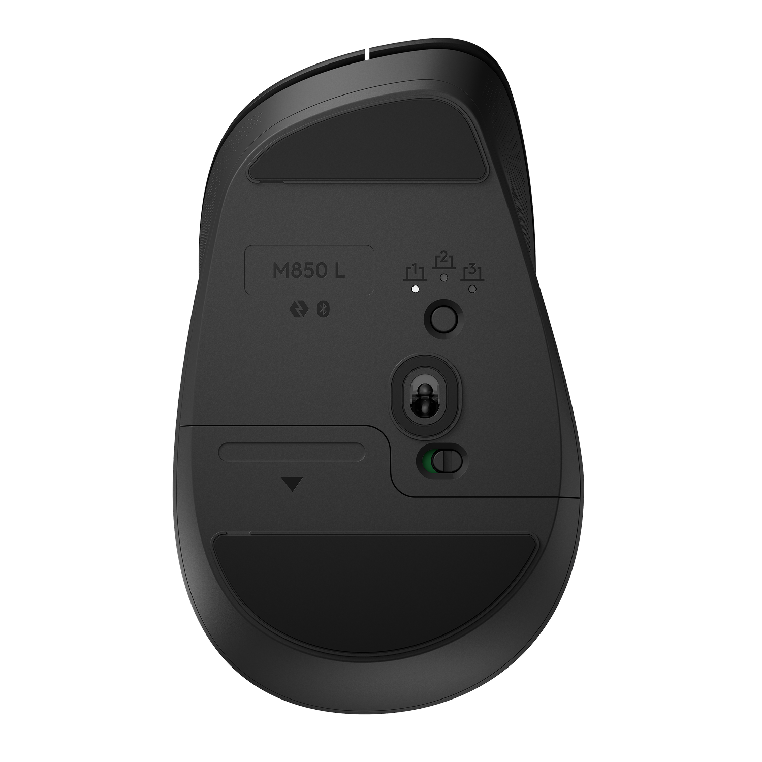 Parte inferior de un ratón Logitech M850 L negro con sensor óptico e interruptores.