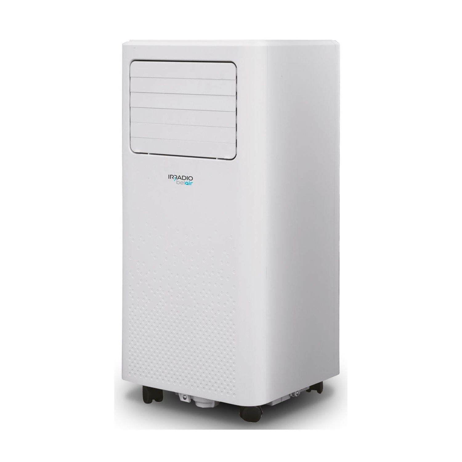 Un climatizzatore portatile bianco con ruote e bocchette d'aria in alto.