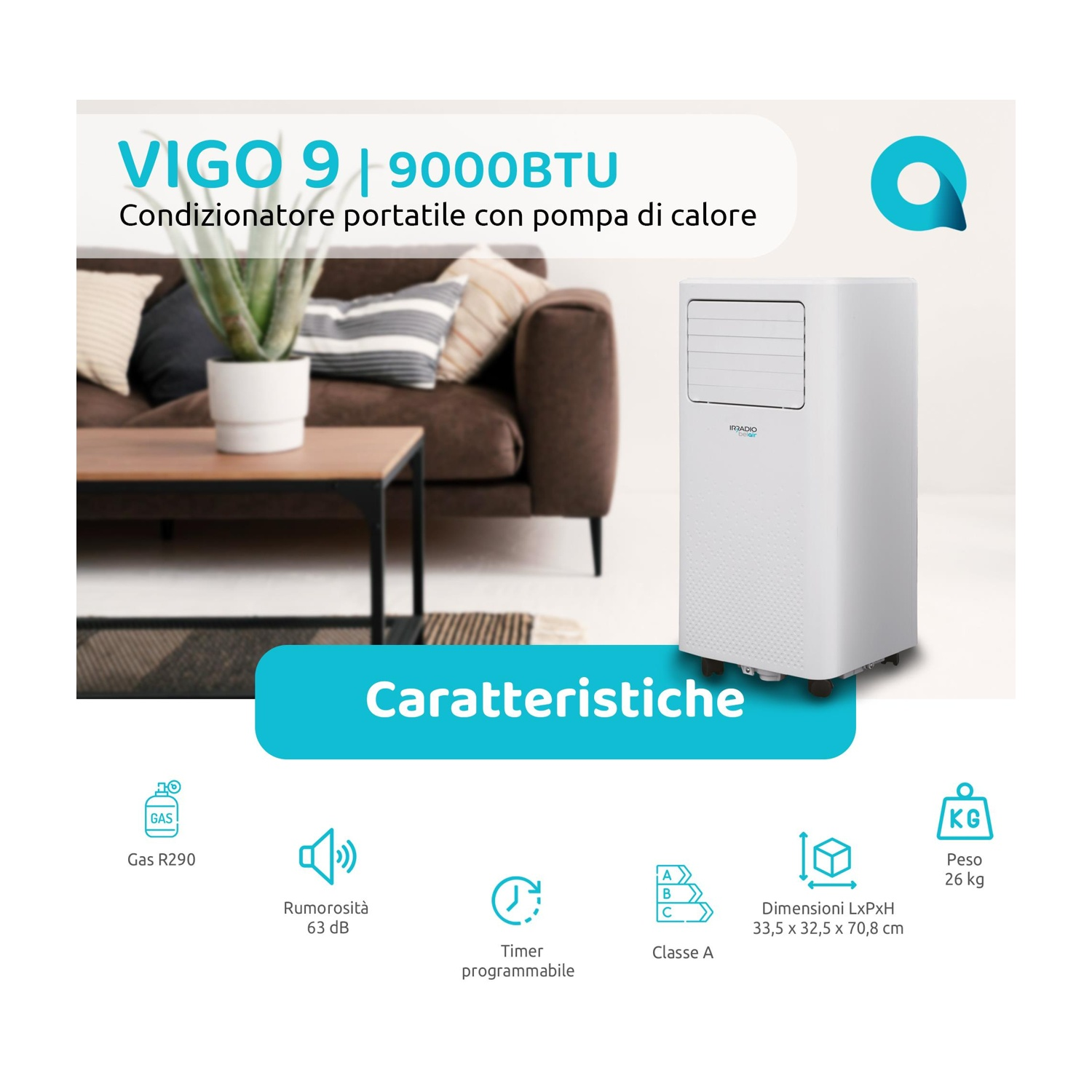 Un condizionatore portatile bianco si trova in un soggiorno accanto a un divano.