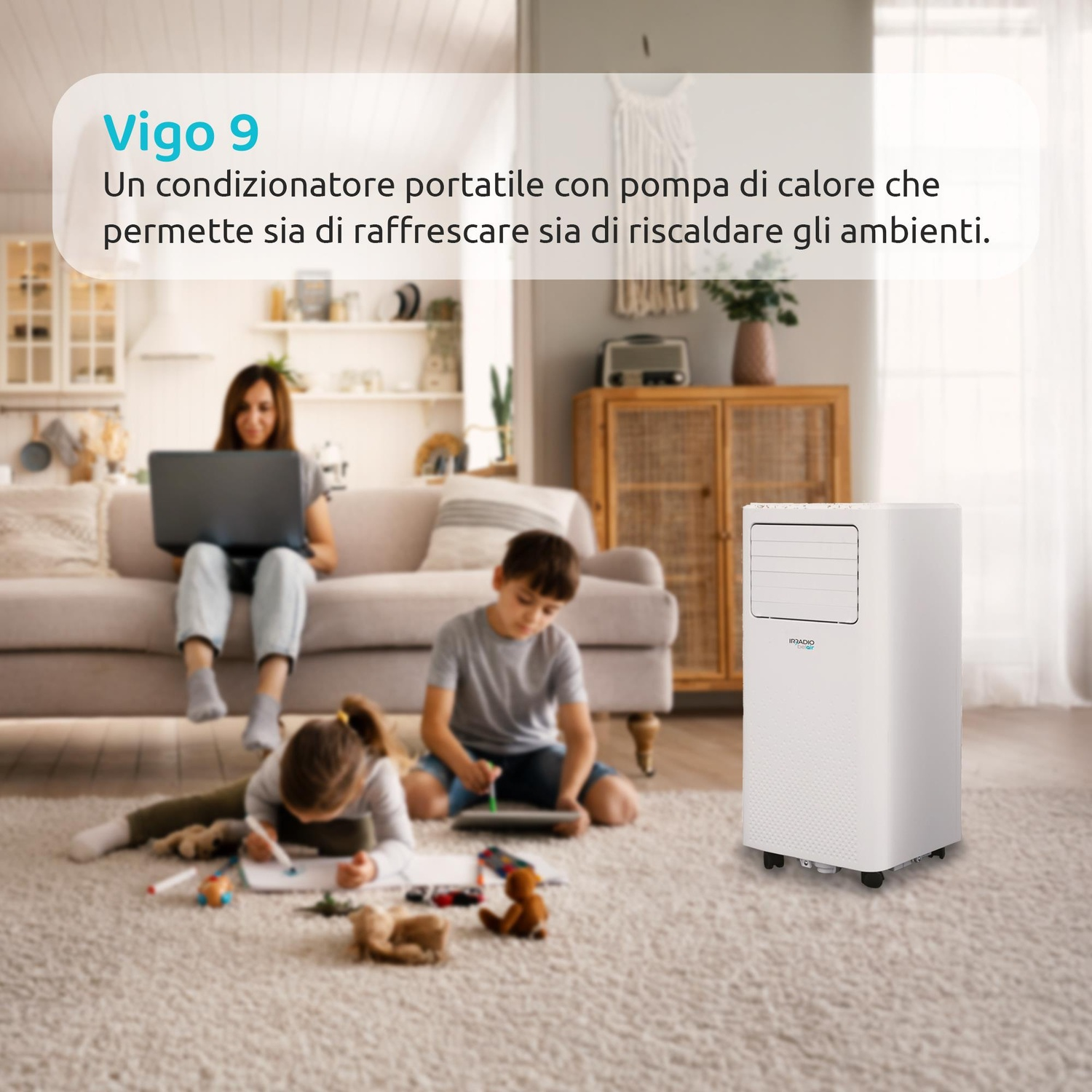 Un condizionatore portatile con pompa di calore che raffresca e riscalda.