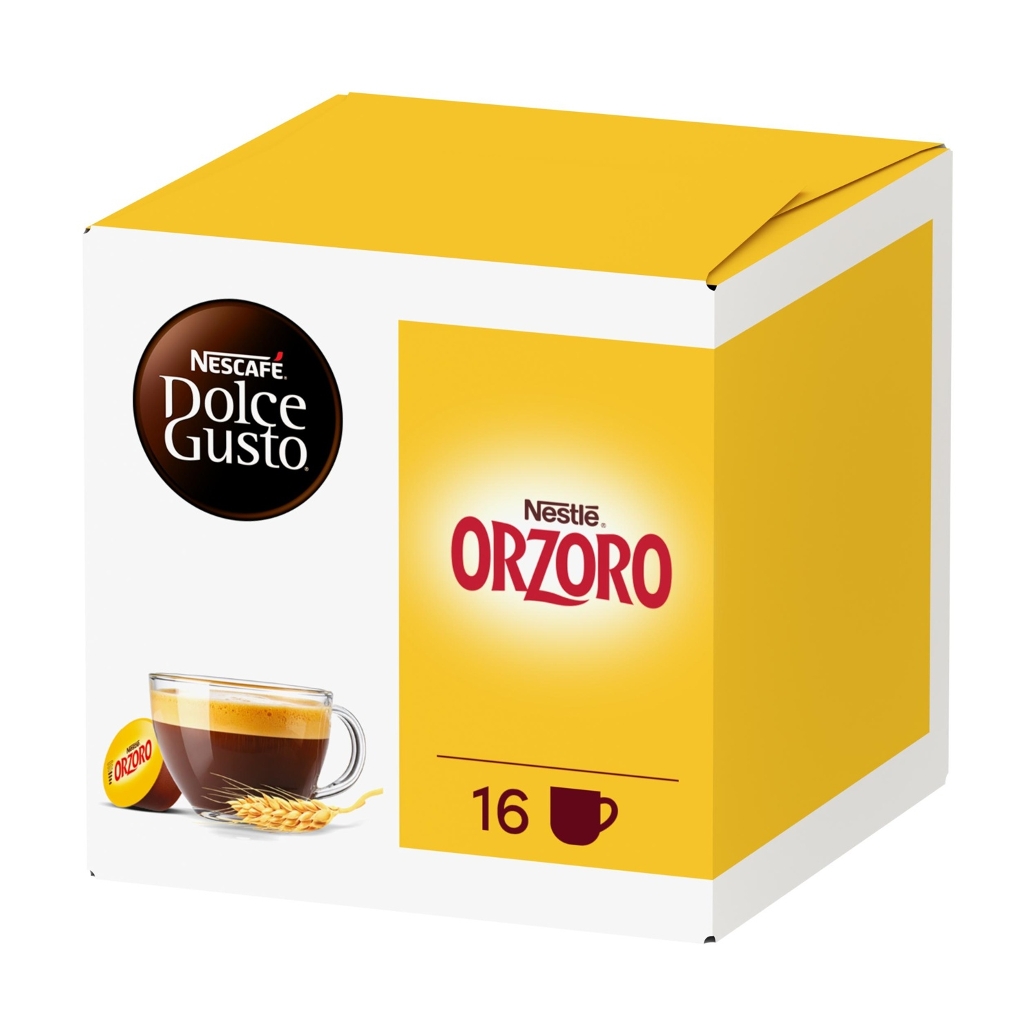 Scatola Nescafé Dolce Gusto Orzo con tazza di caffè e spiga di grano.