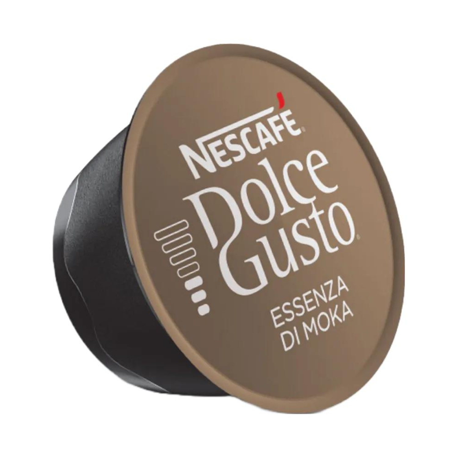 Una capsula di caffè marrone con il marchio Nescafé Dolce Gusto Essenza di Moka.