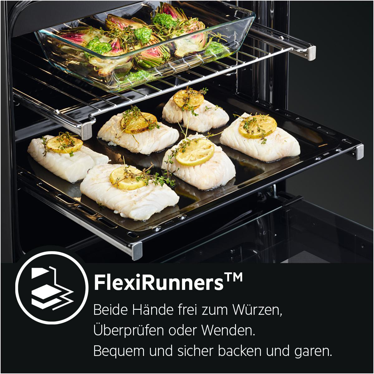 Fisch auf Blechen und Artischocken in Auflaufform im Ofen.
