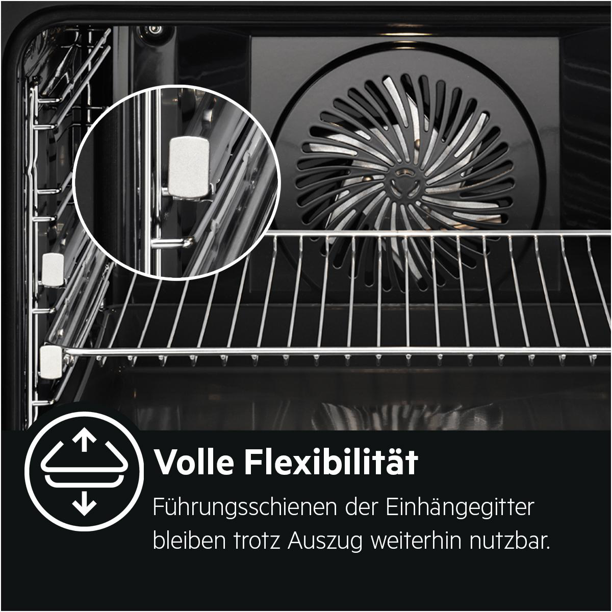 Ein Ofen mit Einschubgitter und Lüfter. Flexibilität wird hervorgehoben.