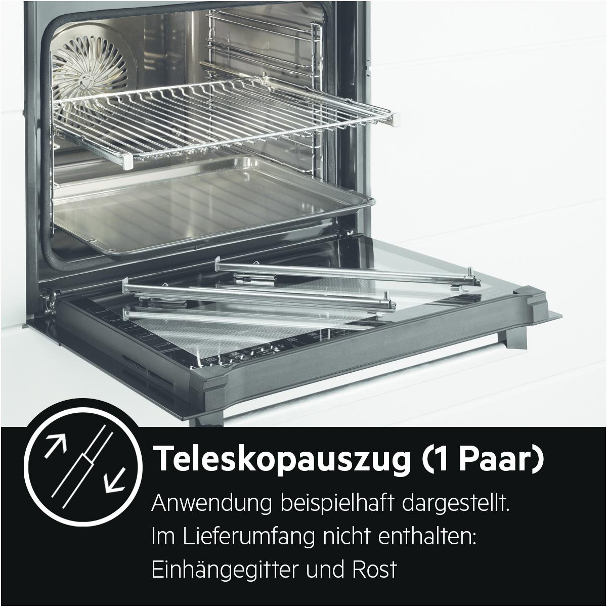 Ein Auszugssystem für einen Ofen mit Teleskopauszügen und Backblechen.