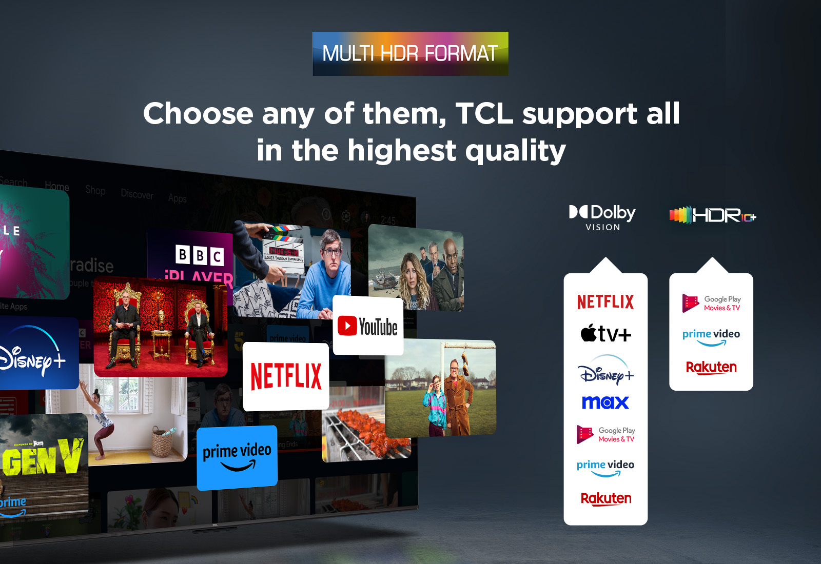 Telewizor TCL Smart TV wyświetla aplikacje takie jak Netflix, Disney+, YouTube i Dolby Vision/HDR10+.