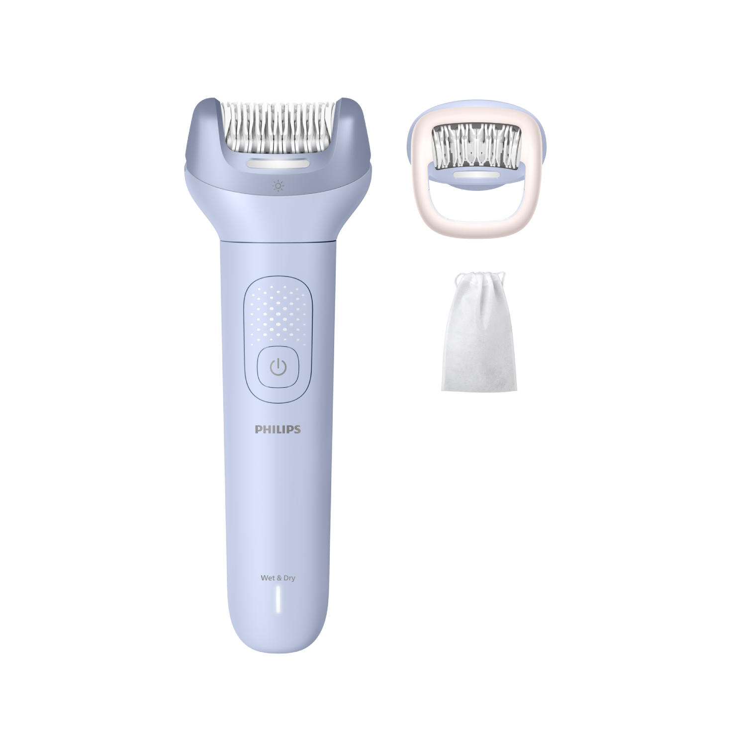 Una afeitadora Philips azul claro para uso en seco y húmedo con accesorios.