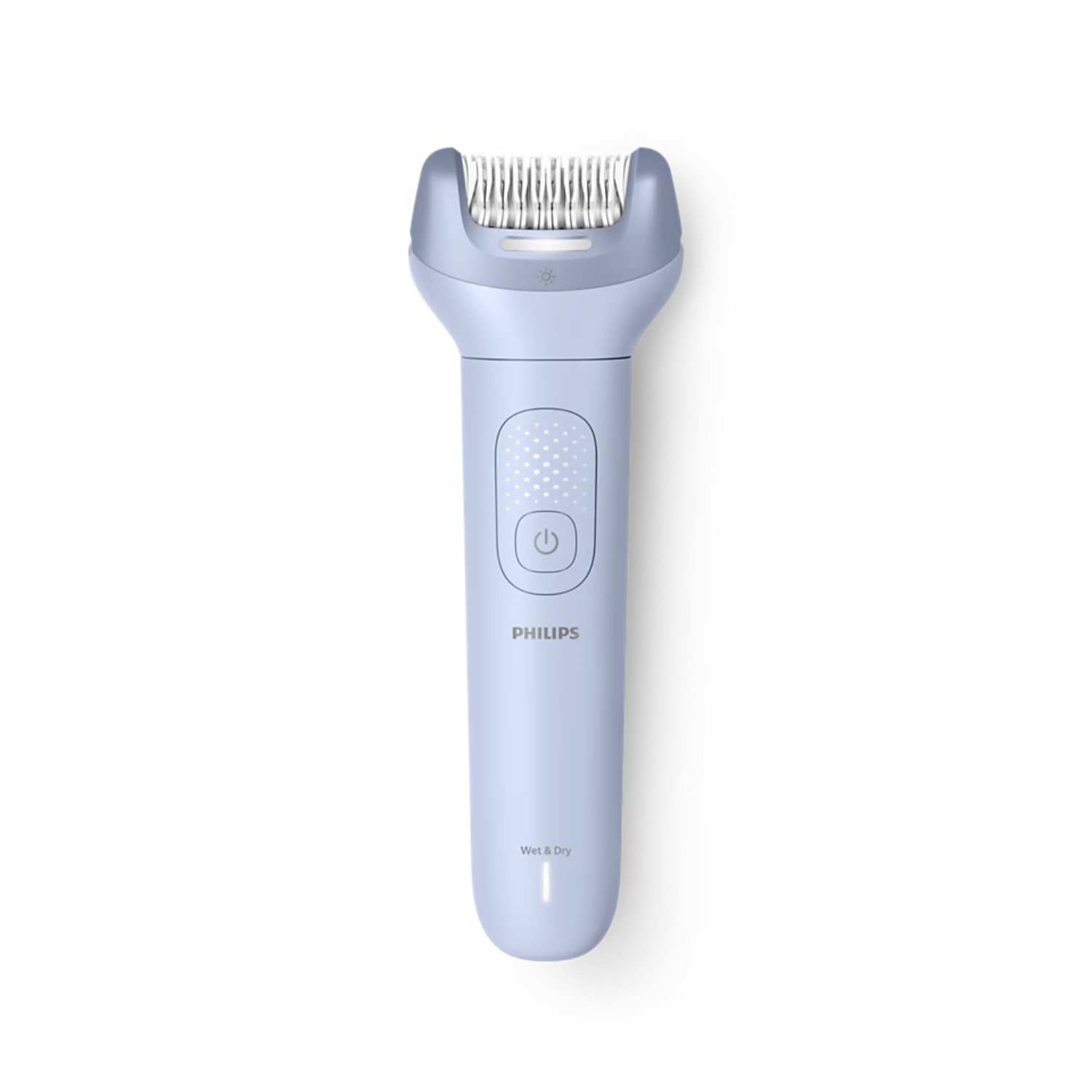 Una recortadora Philips azul claro con cabezal de afeitado plateado y botón de encendido.