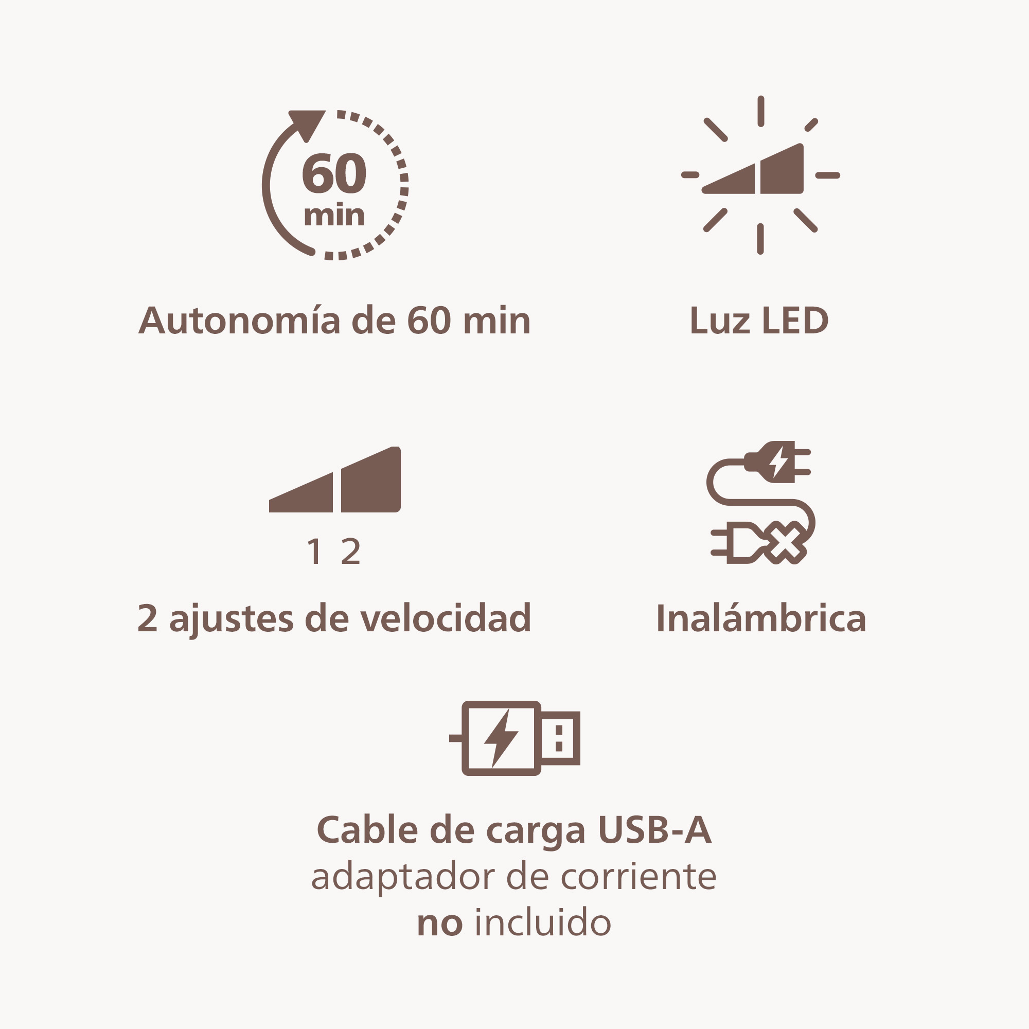 Iconos Philips BRE708/00: 60 min autonomía, luz LED, 2 velocidades, inalámbrica, cable USB-A sin adaptador.