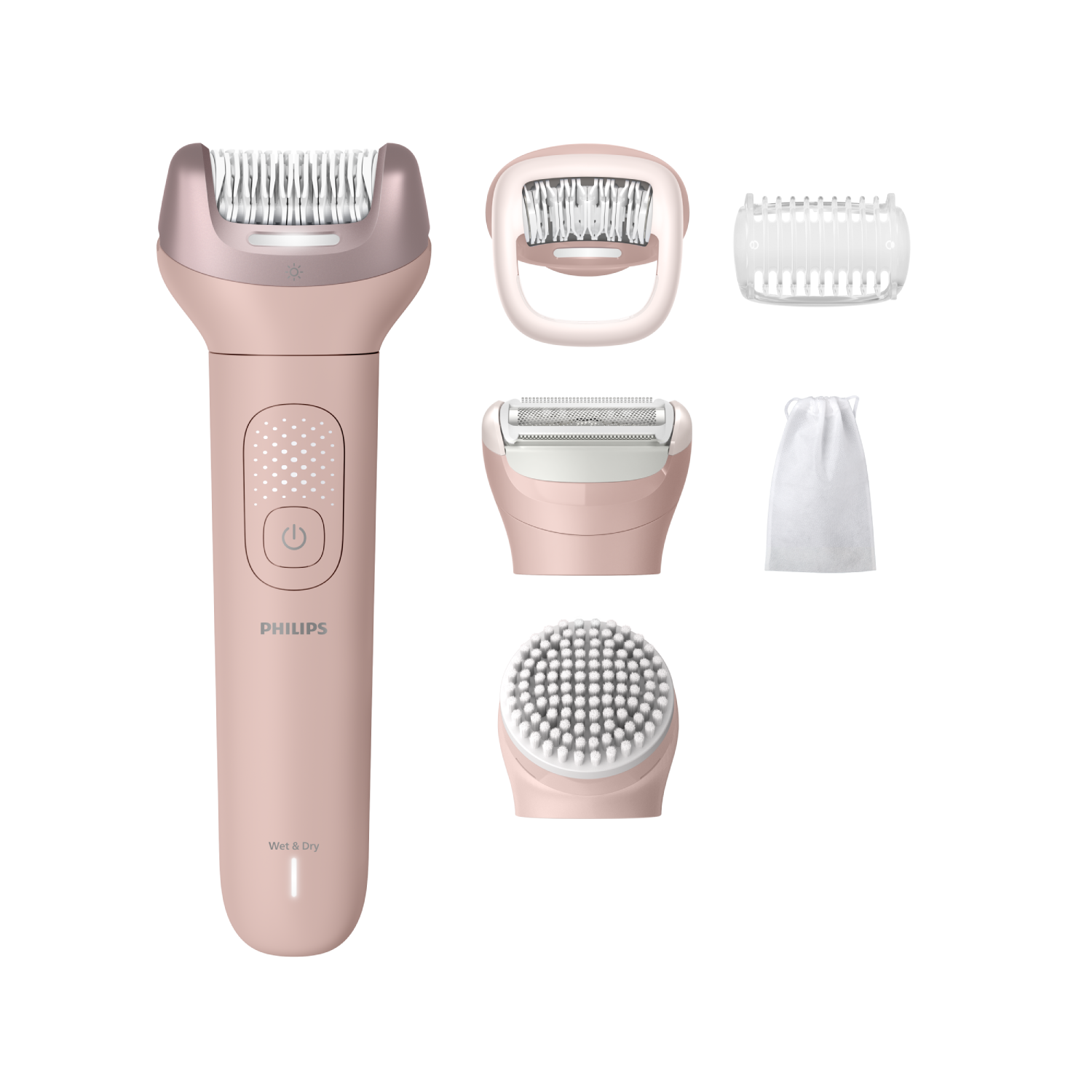 Un juego de afeitadora Philips rosa para uso en seco y húmedo con varios accesorios.