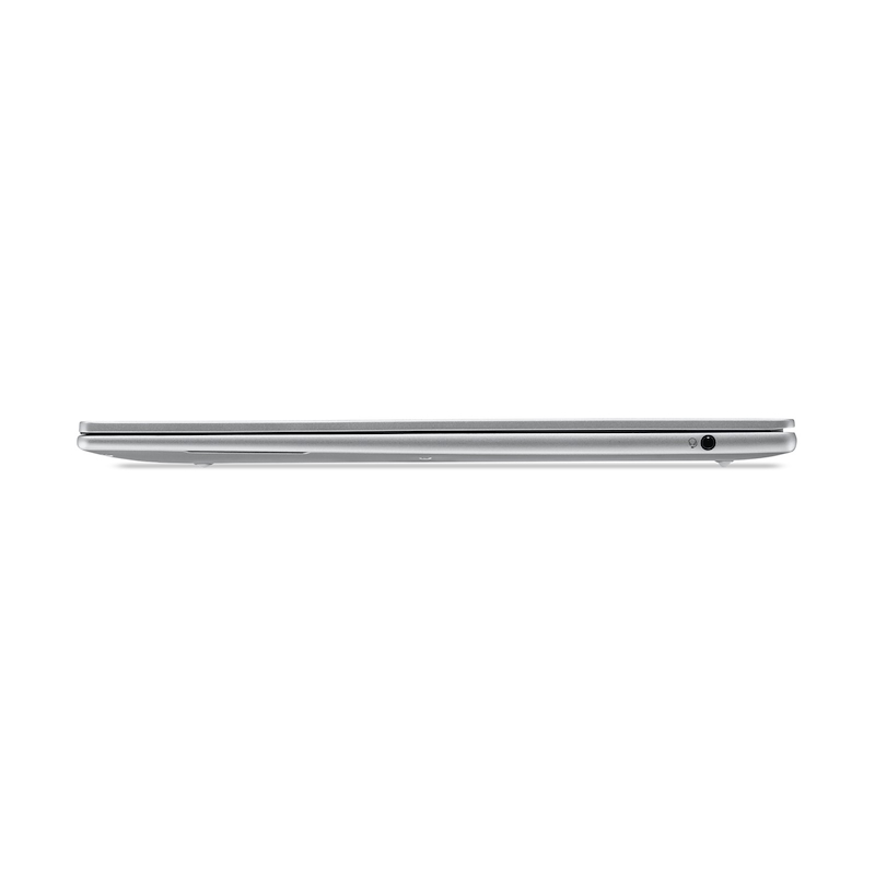 Eine geschlossene silberne Laptoptasche mit einem Anschluss an der Seite.