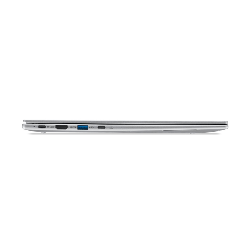 Die linke Seite eines geschlossenen silbernen Laptops mit Anschlüssen.