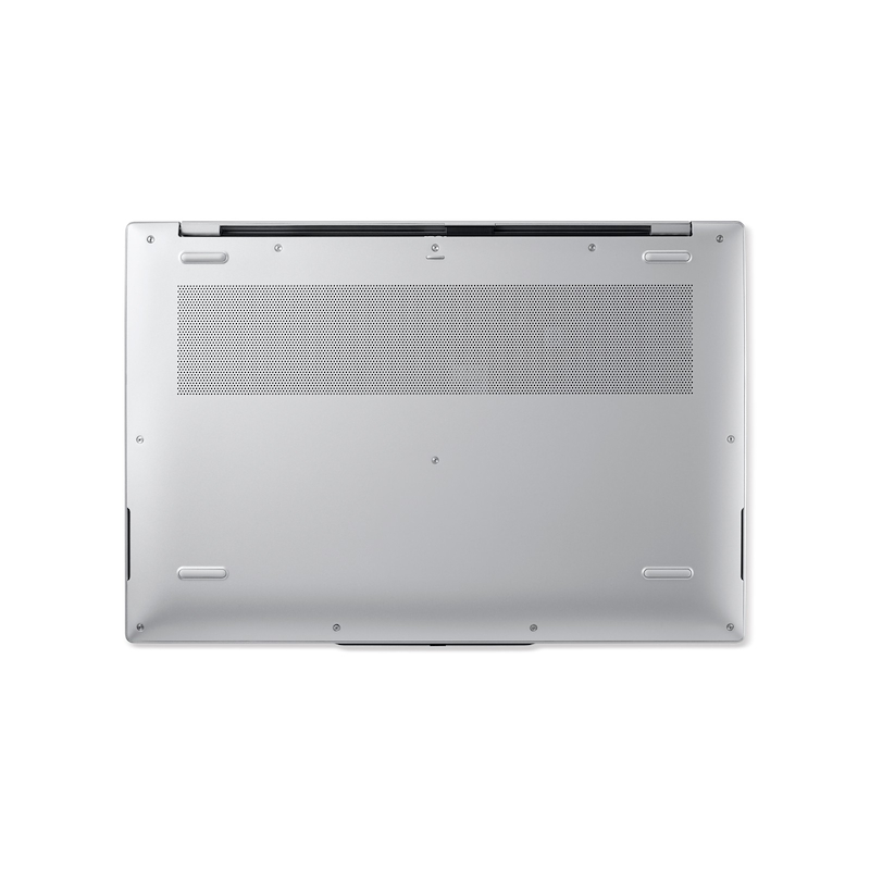 Unterseite eines silbernen Laptops mit Lüftungsschlitzen und Schrauben.