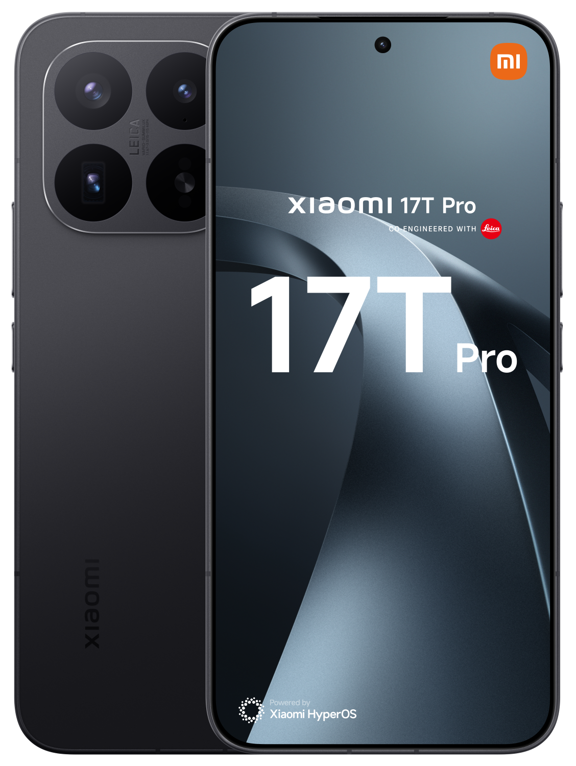 Ciemny smartfon Xiaomi 17T Pro z aparatami Leica i Xiaomi HyperOS.