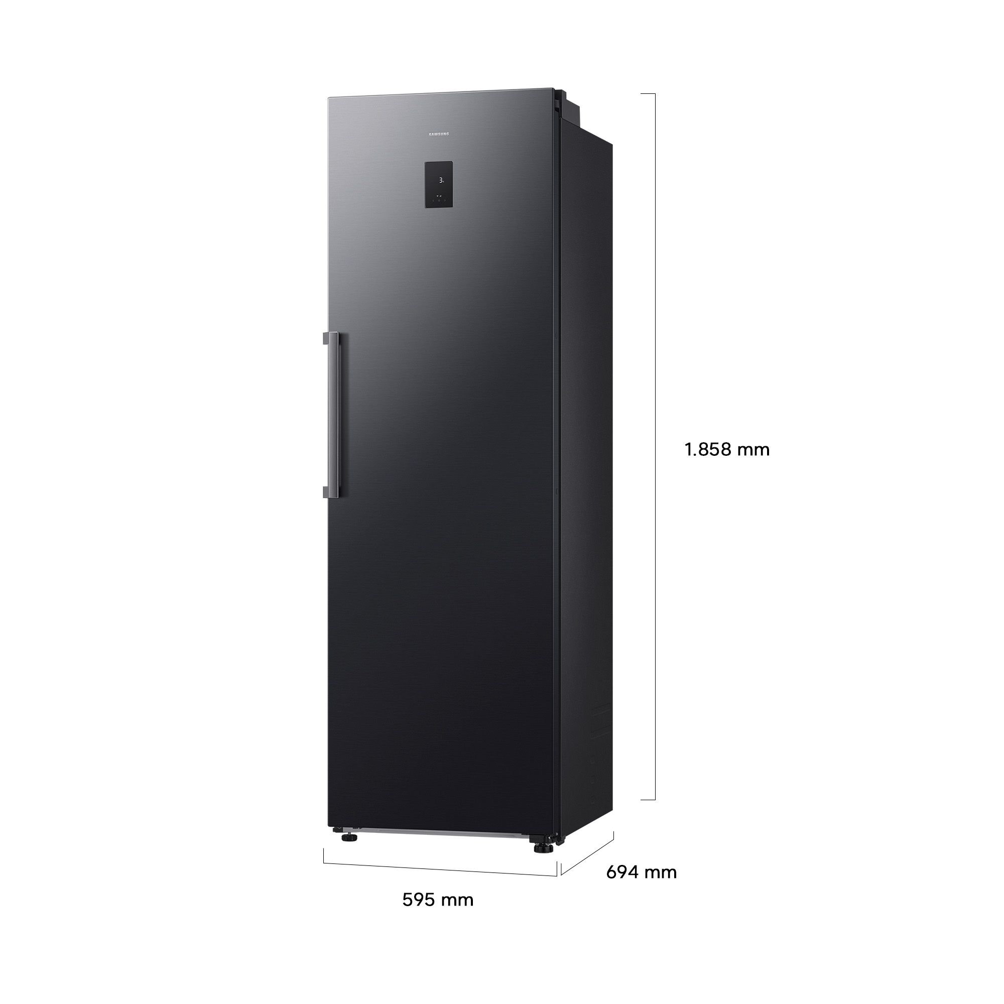 Refrigerador negro con asa y pantalla. Dimensiones: 1,858 m alto, 0,595 m ancho, 0,694 m fondo.