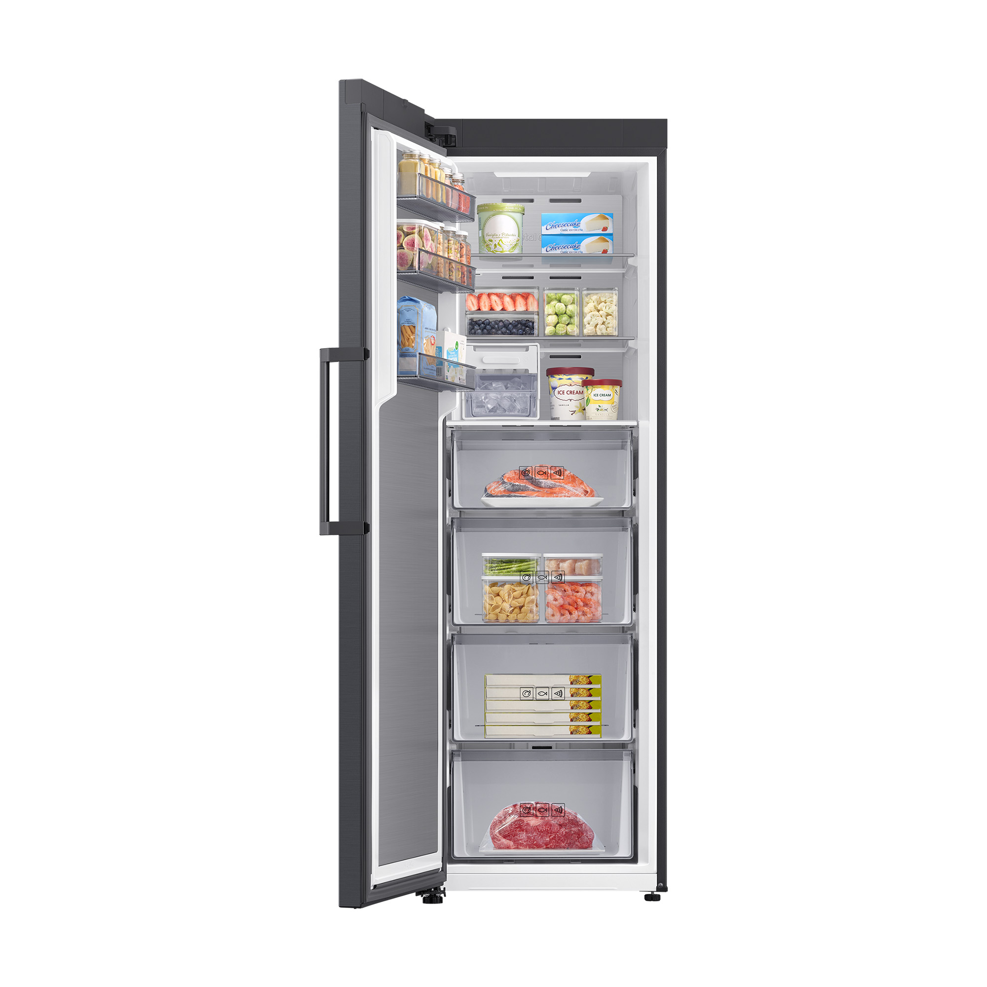 Un refrigerador abierto lleno de alimentos como pescado, carne, bayas y helado.