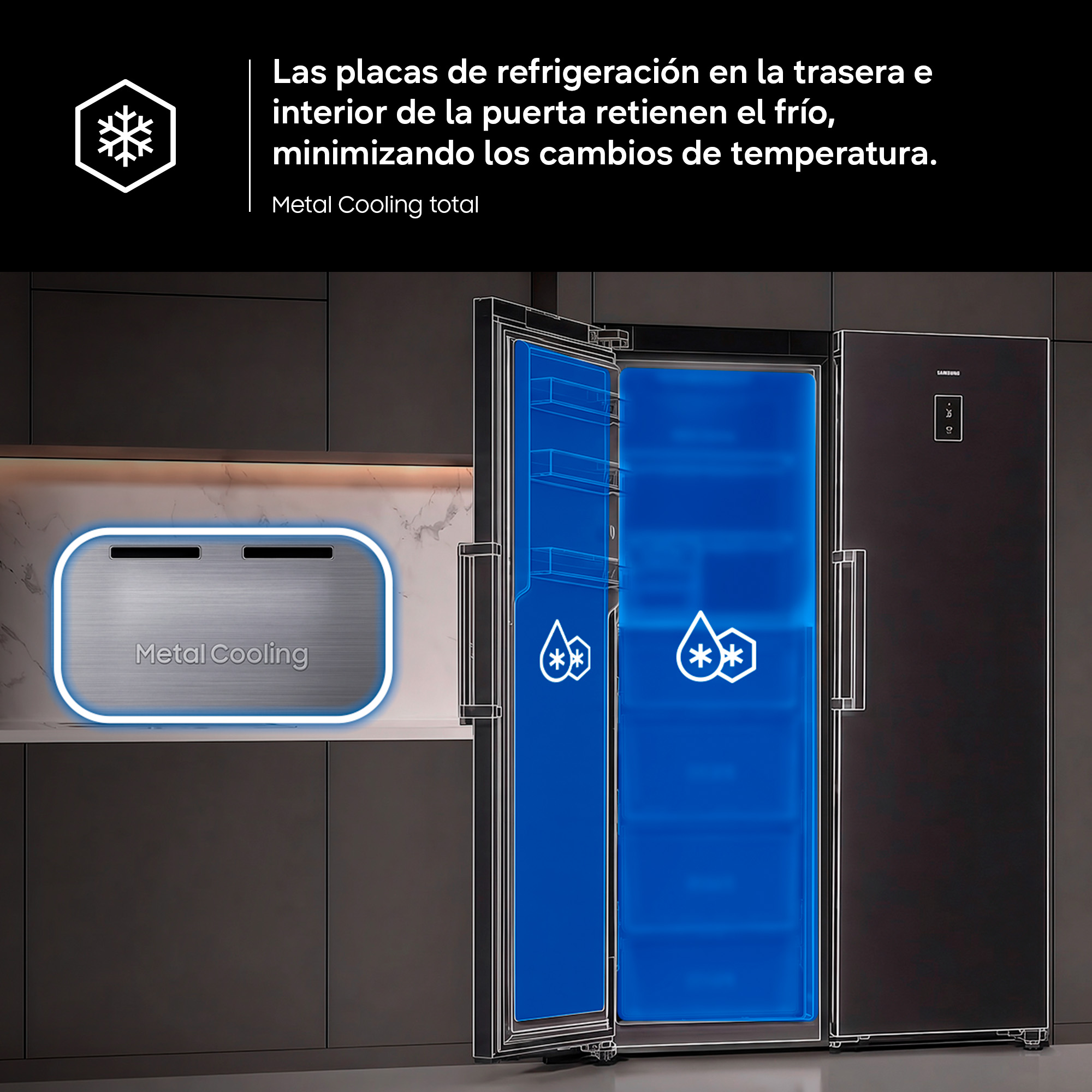 Un refrigerador negro abierto con función de enfriamiento metálico y paneles interiores azules.