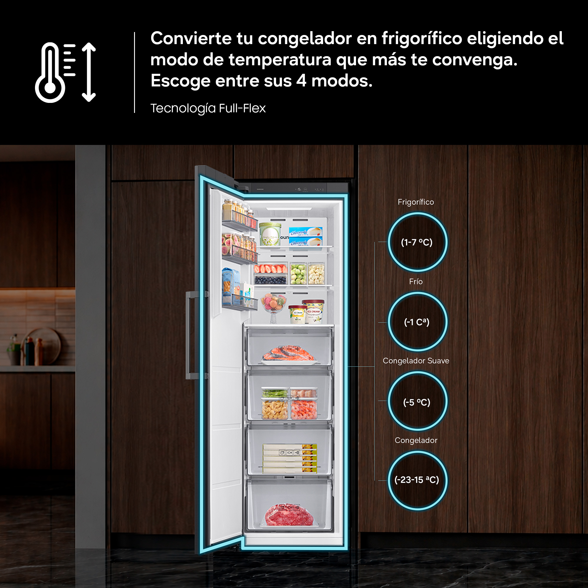 Refrigerador abierto con alimentos y modos de temperatura: 1-7°C, -1°C, -5°C, -23-15°C.