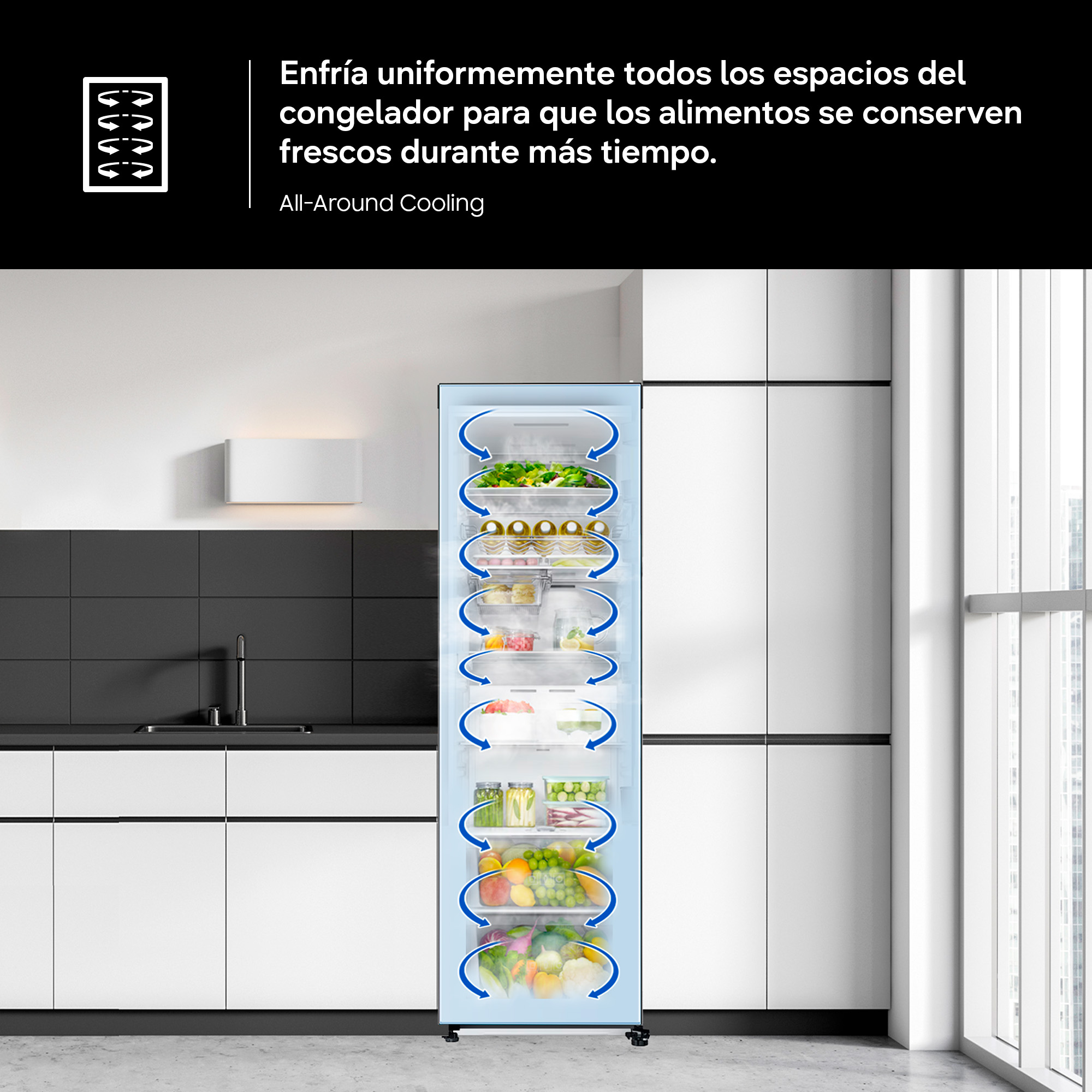 Un refrigerador de varios niveles que almacena frutas y verduras. Flechas azules indican flujo de aire.