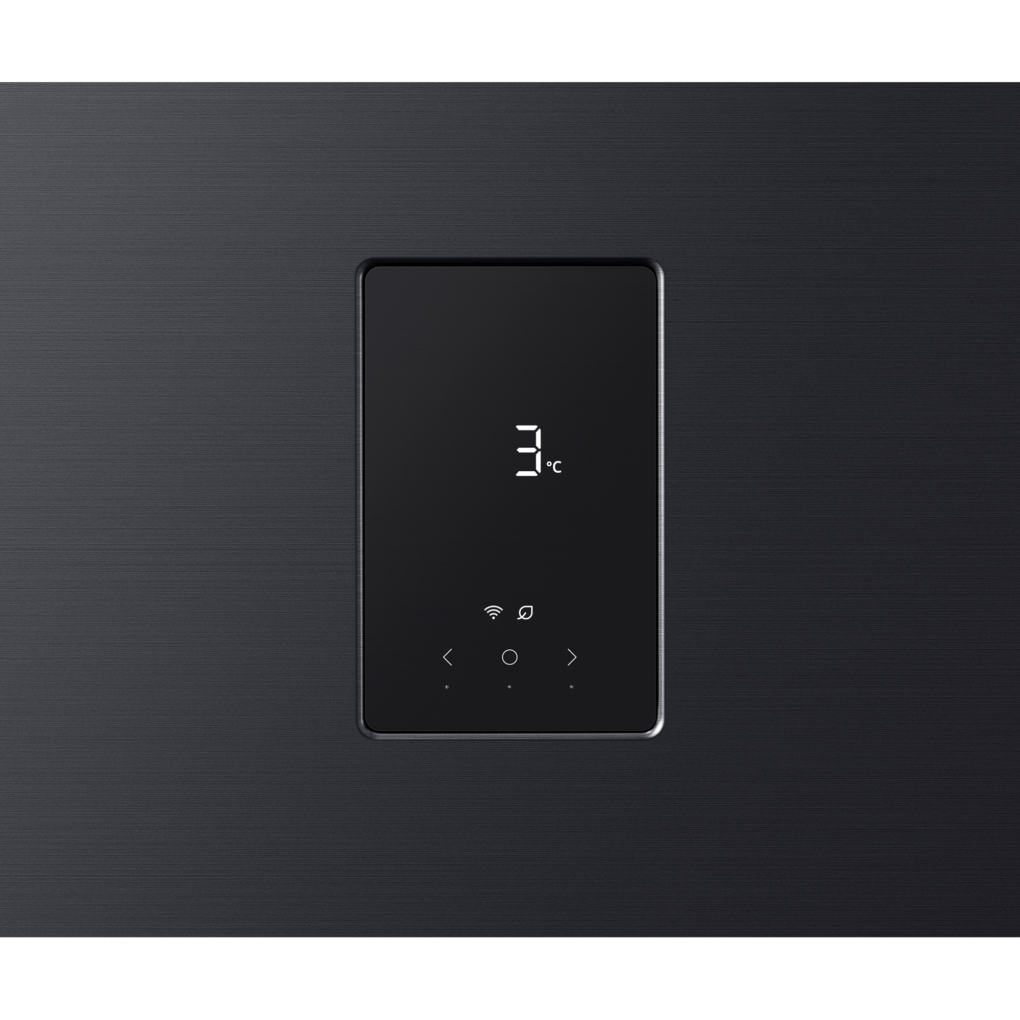 Un panel de control negro con pantalla digital de temperatura (3°C) e iconos.
