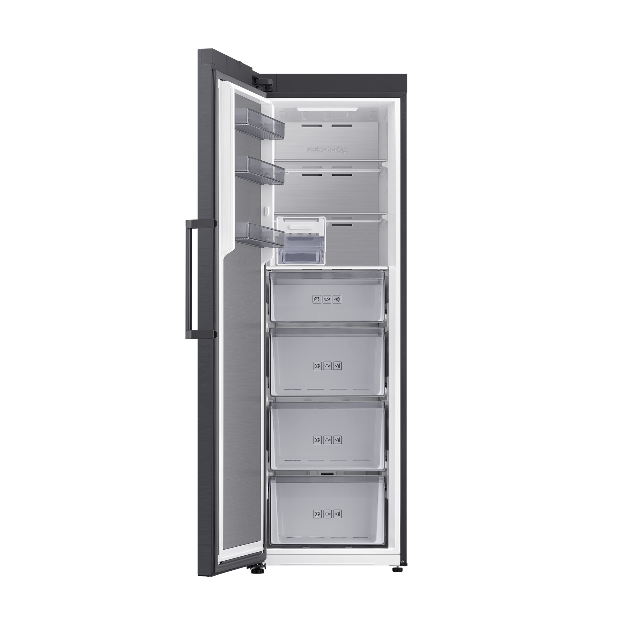 Un refrigerador abierto con varios cajones y estantes en el lado izquierdo.