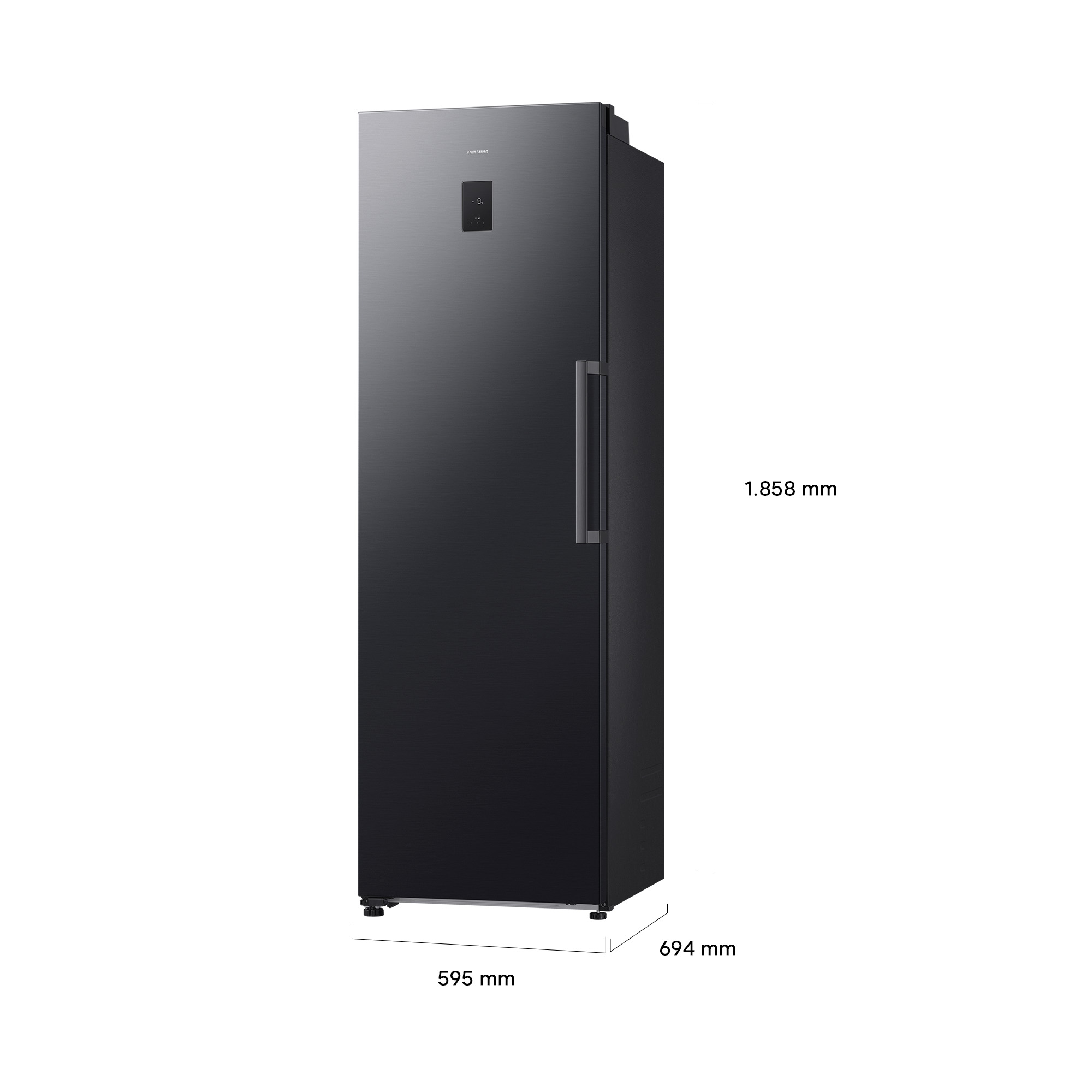 Refrigerador Samsung negro con tirador y pantalla plateados. Dimensiones: 1858x595x694 mm.