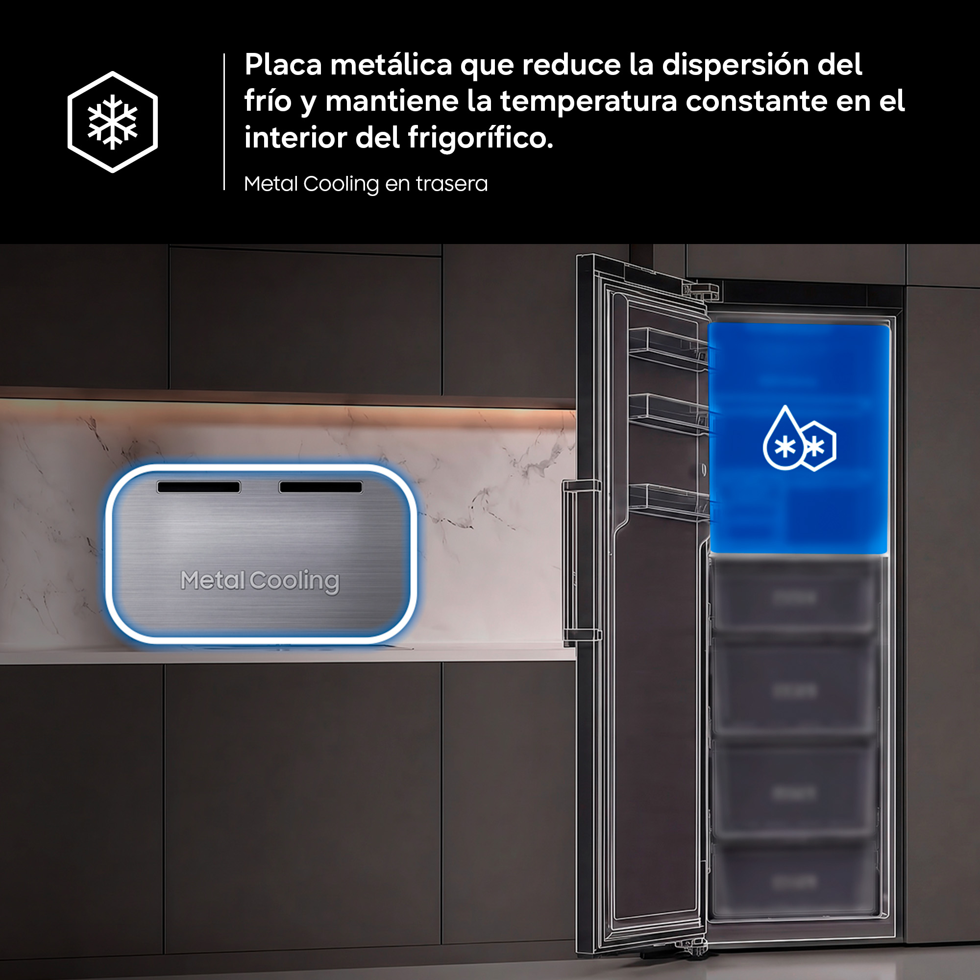 Placa metálica reduce dispersión frío, mantiene temperatura constante.