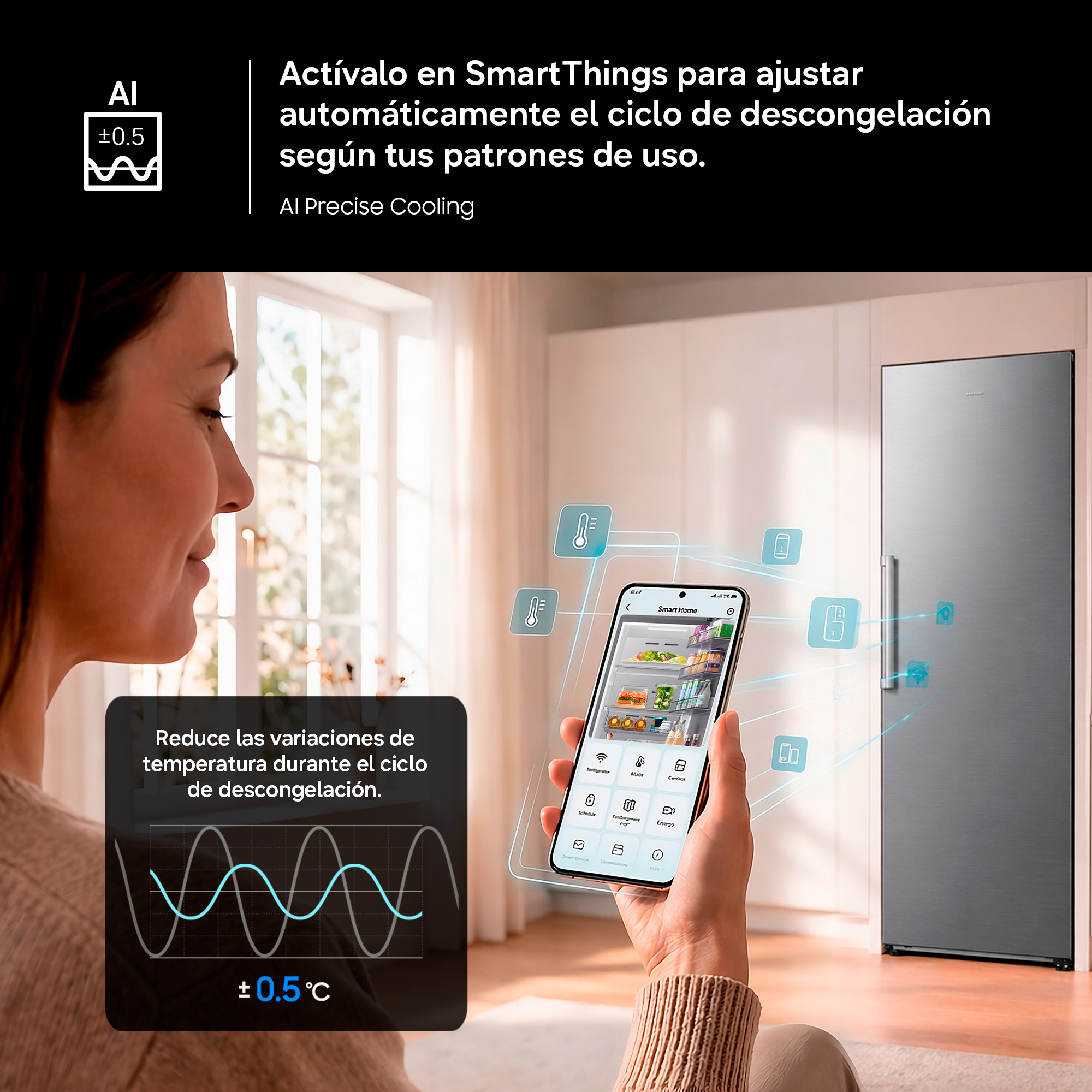 Un refrigerador con tecnología de enfriamiento IA, controlado por smartphone.