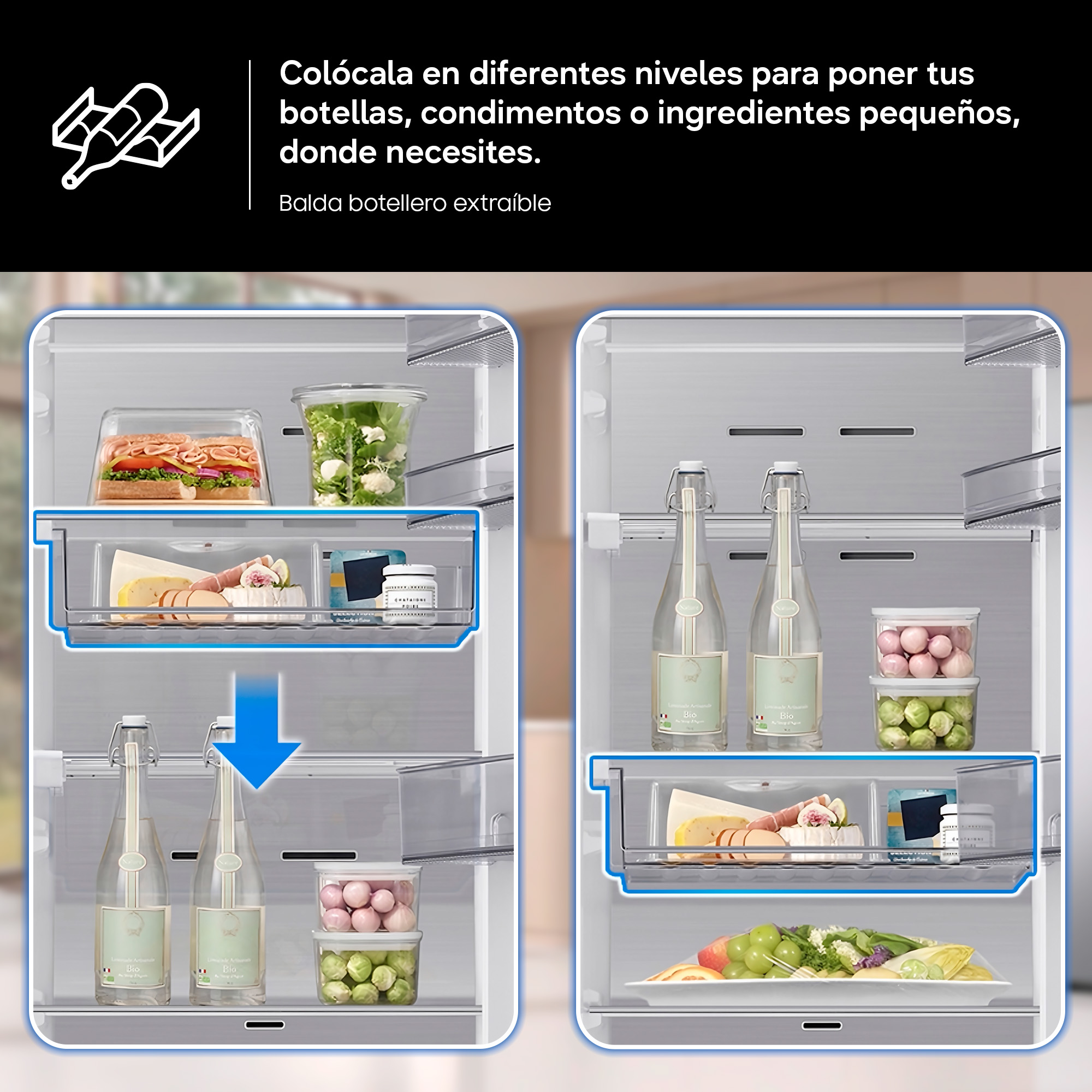 Compartimentos de refrigerador: Izq. muestra sándwich, ensalada, botellas, verduras. Der. muestra botellas, verduras.