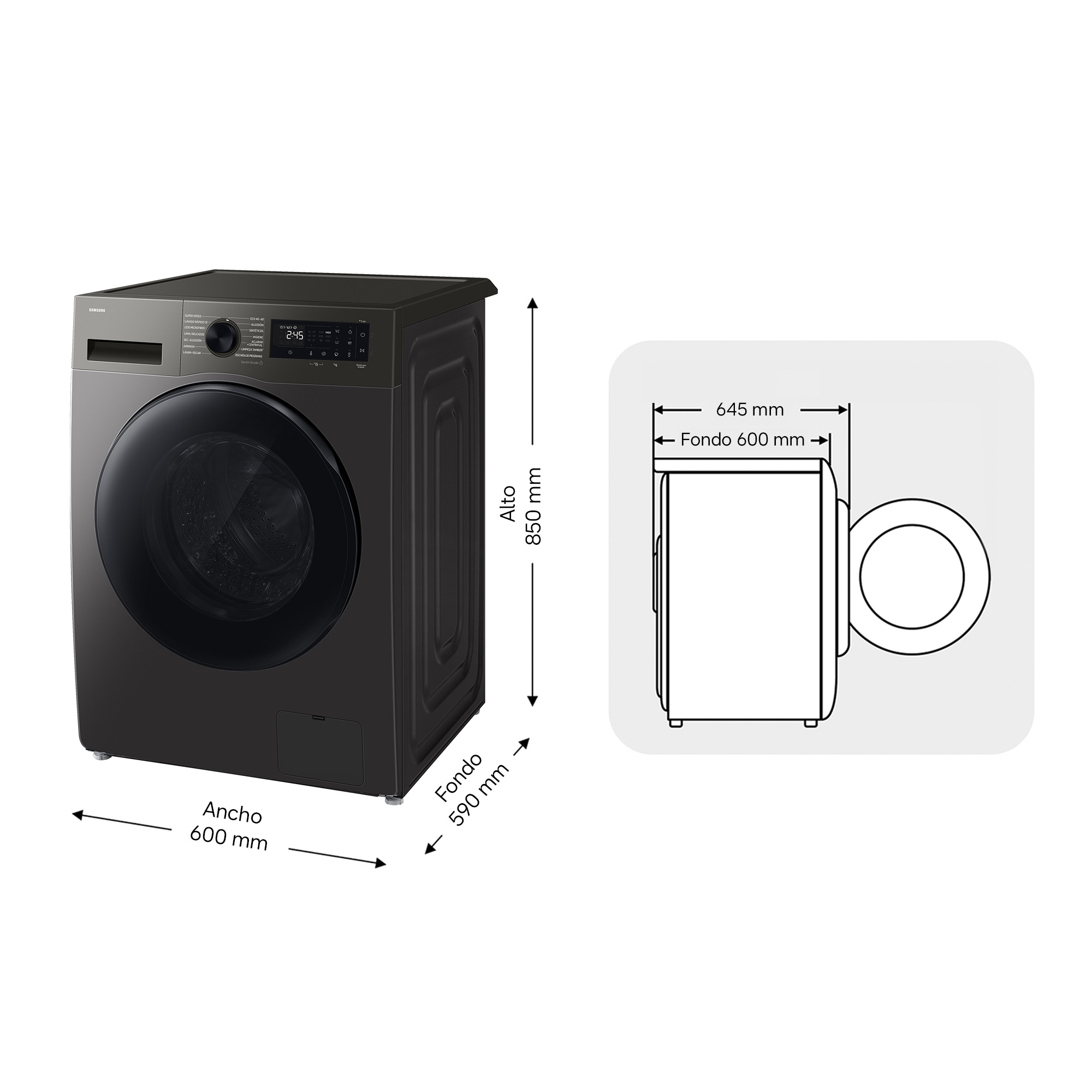 Lavadora oscura con puerta y panel de control. Dimensiones: 850x600x590 mm.