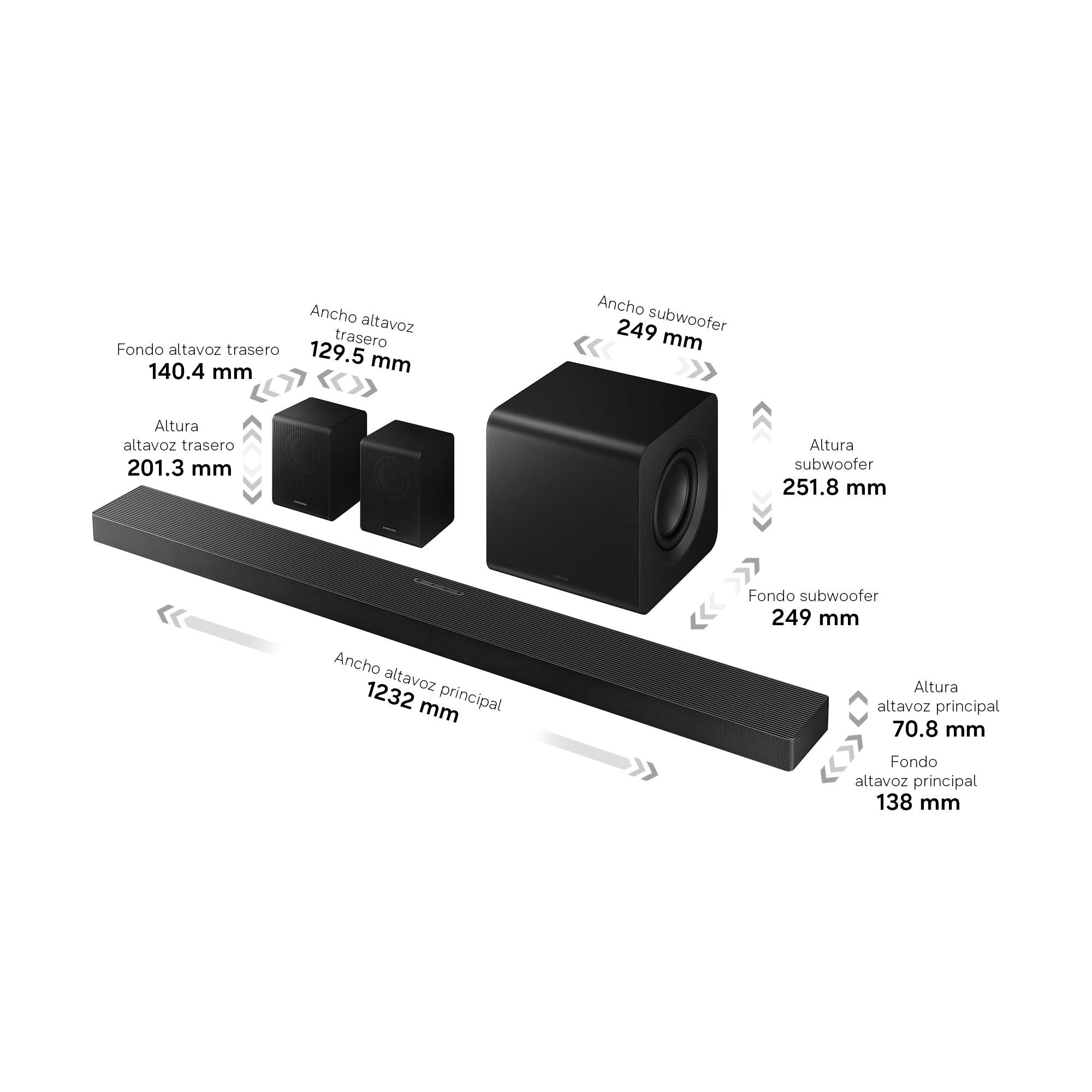 Barra de sonido, subwoofer y dos altavoces traseros negros con dimensiones.