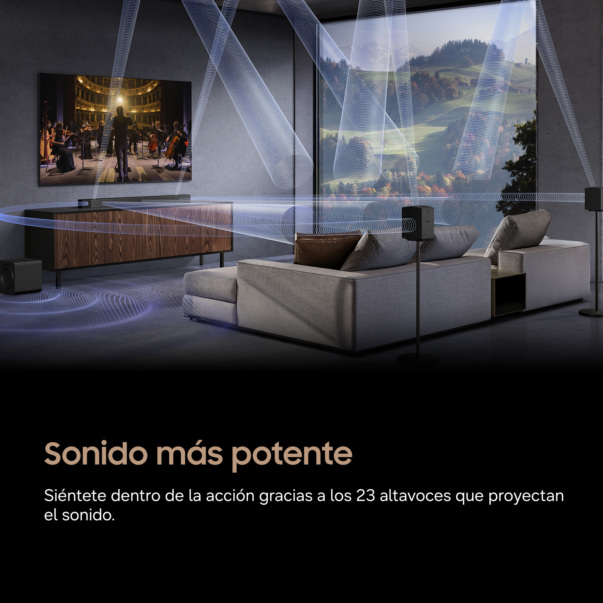 Sala de estar con TV, sofá y altavoces emitiendo ondas sonoras.