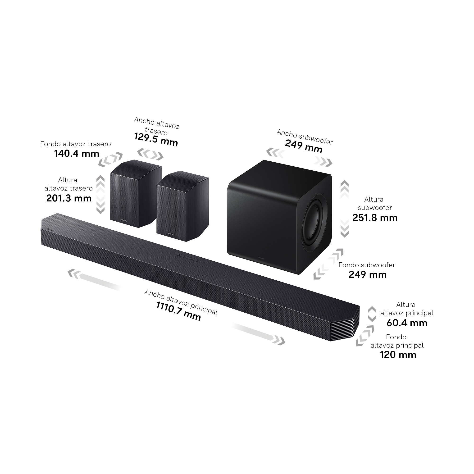 Barra de sonido negra con subwoofer y dos altavoces, con dimensiones.